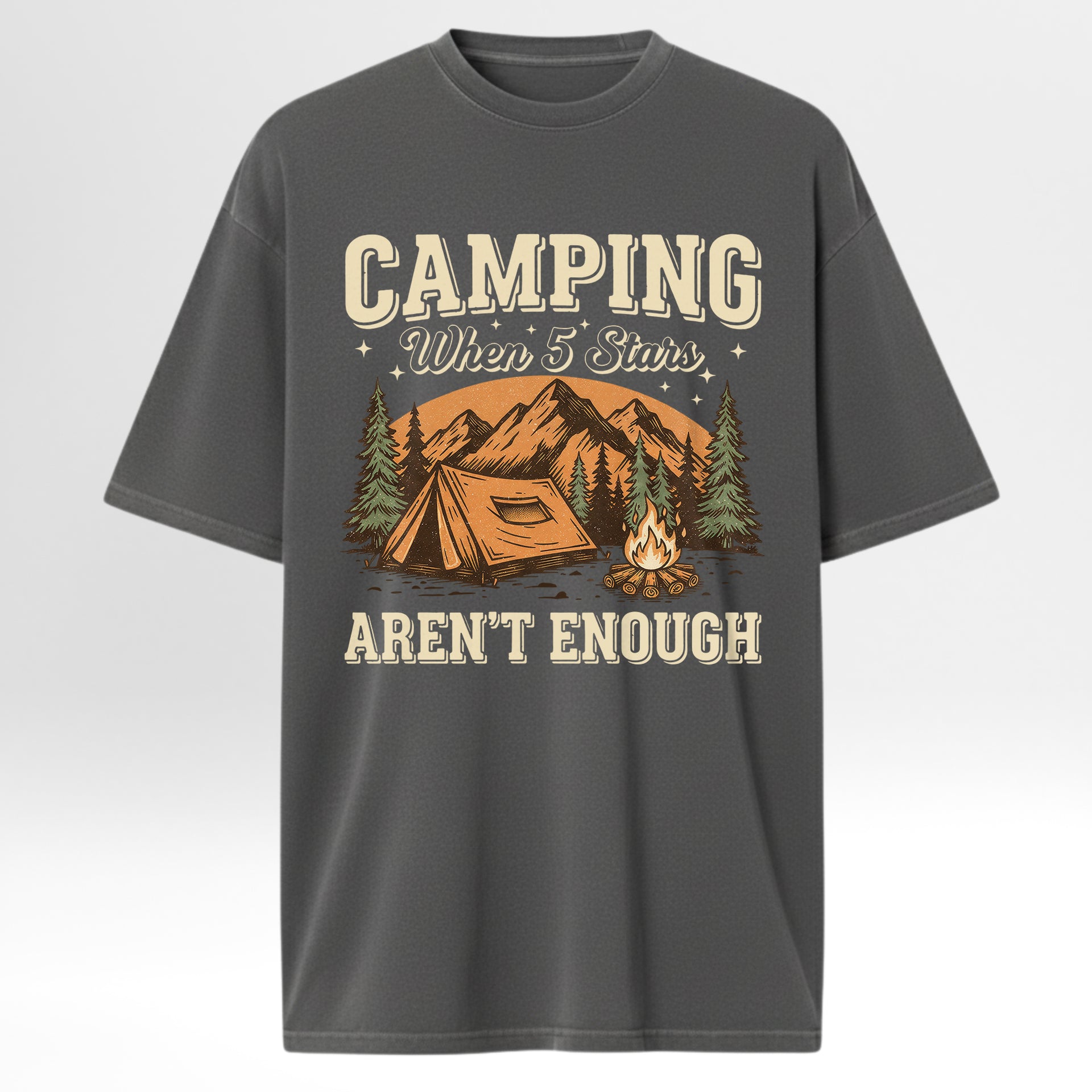 Gray camp & trail t-shirt with camping graphic and text 'Camping When 5 Stars Aren't Enough'.