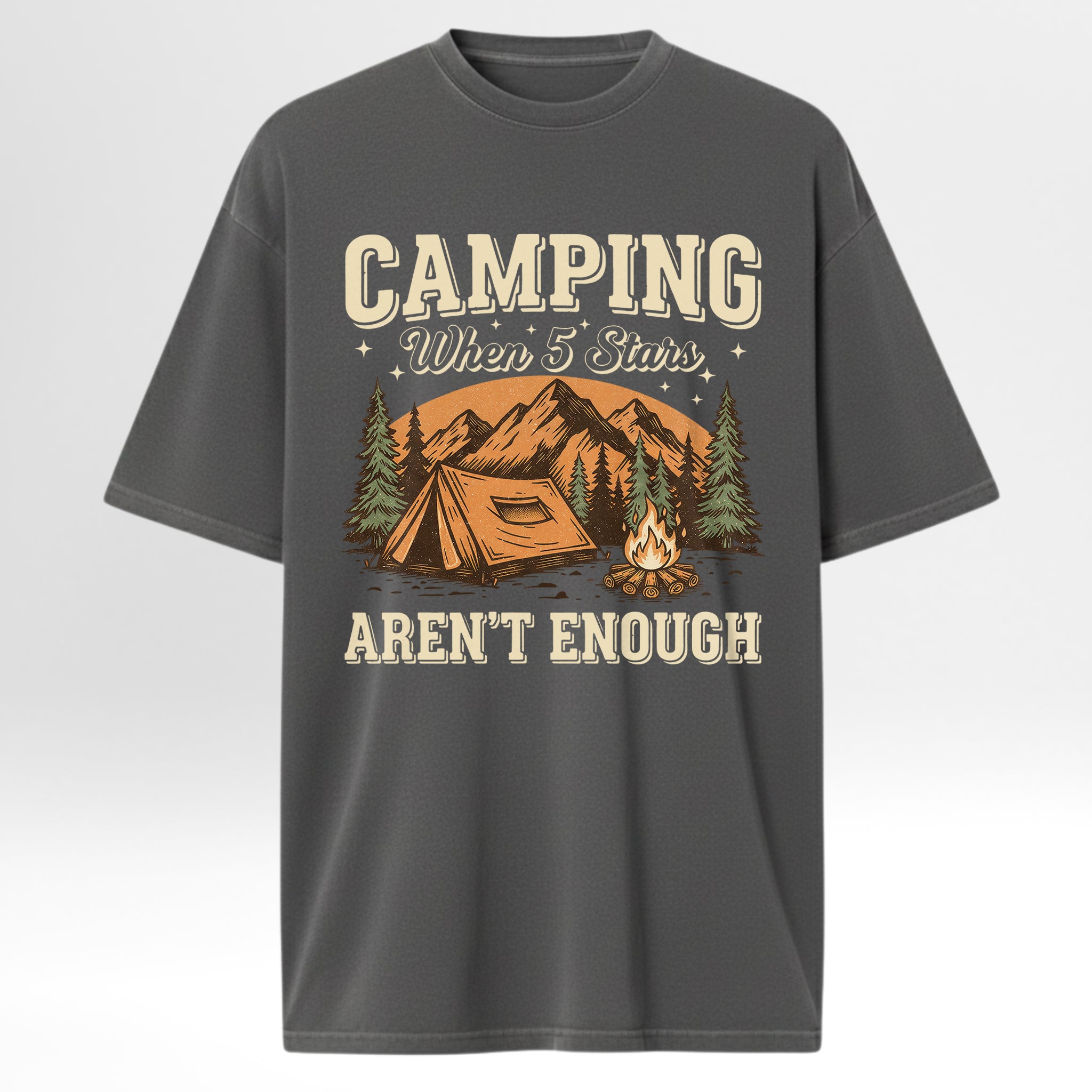 Gray camp & trail t-shirt with camping graphic and text 'Camping When 5 Stars Aren't Enough'.