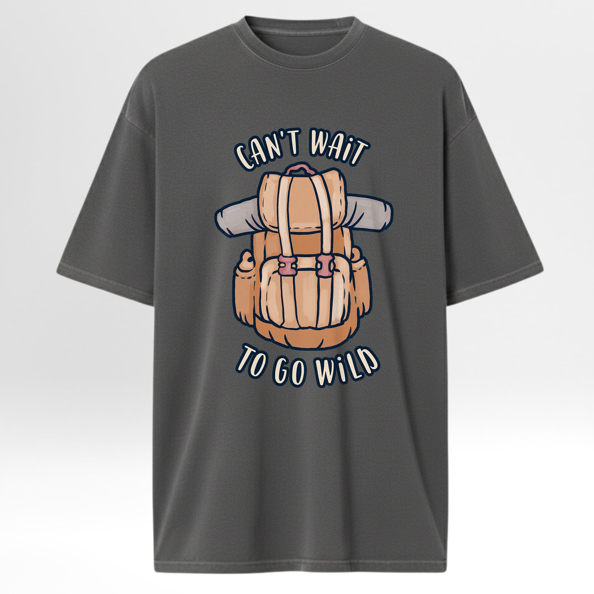 Gray Camp & Trail t-shirt with a backpack graphic and text 'Can't Wait to Go Wild'.