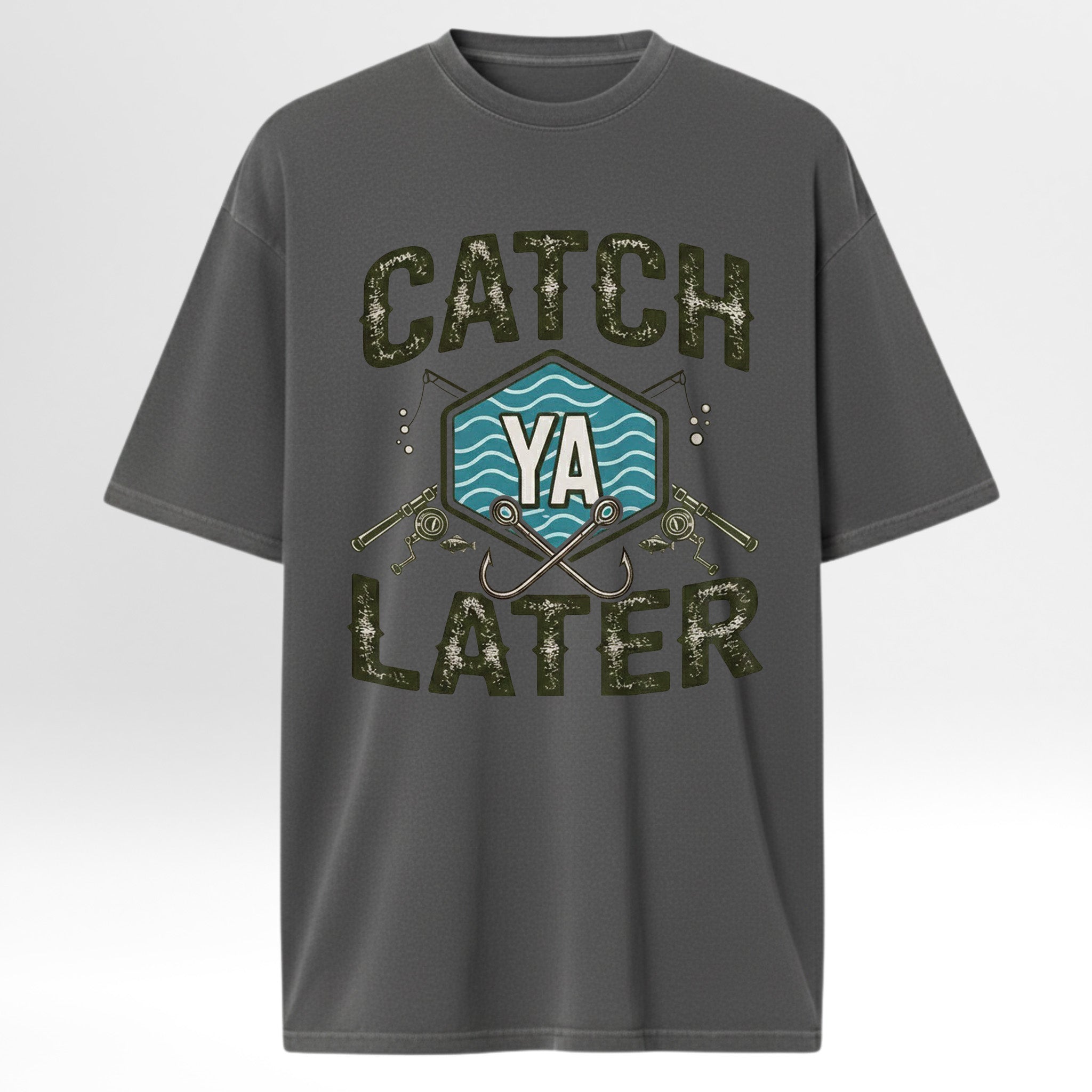 Gray fishing t-shirt with 'Catch Ya Later' graphic design.