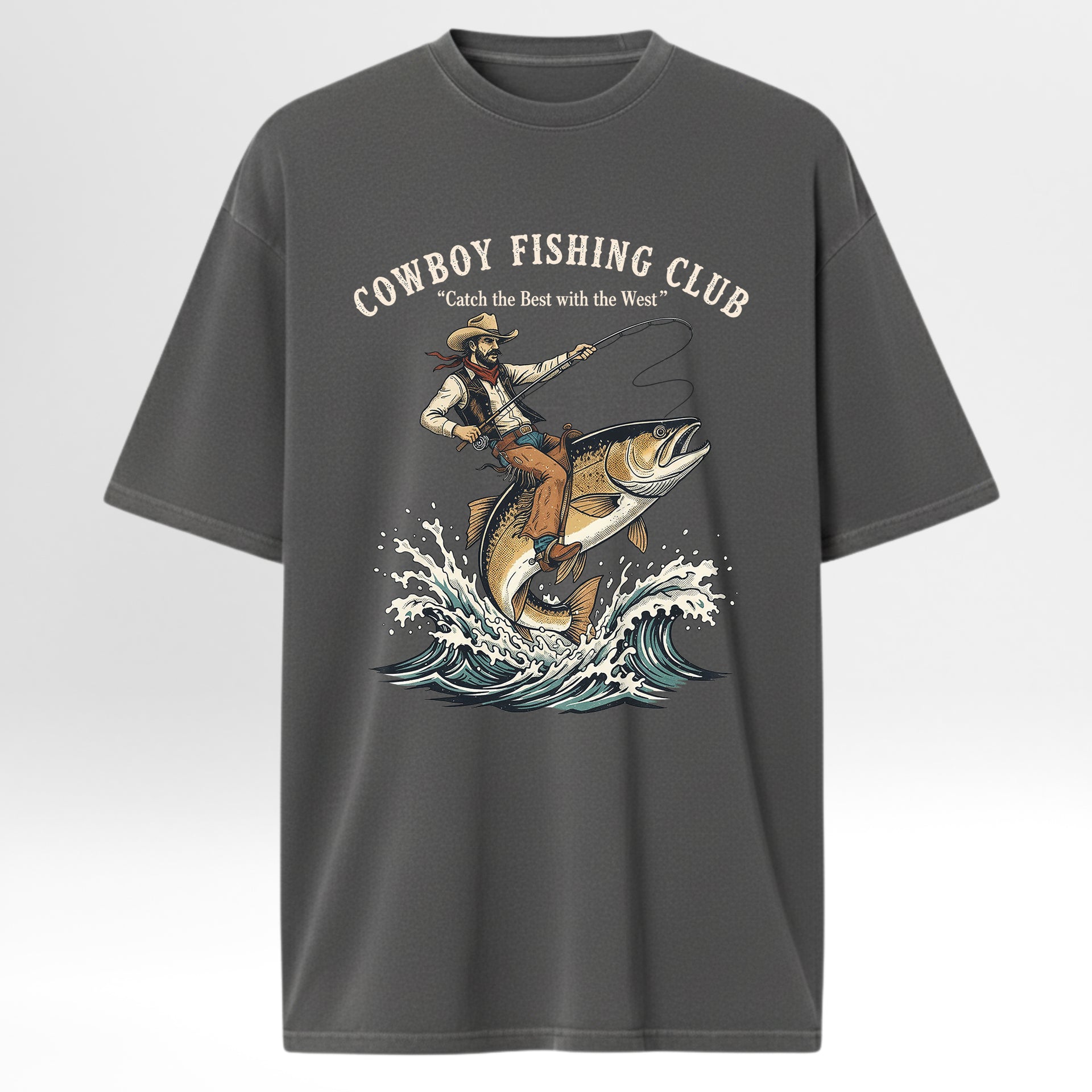 Gray fishing t-shirt with a graphic of a cowboy fishing and text 'Cowboy Fishing Club'.