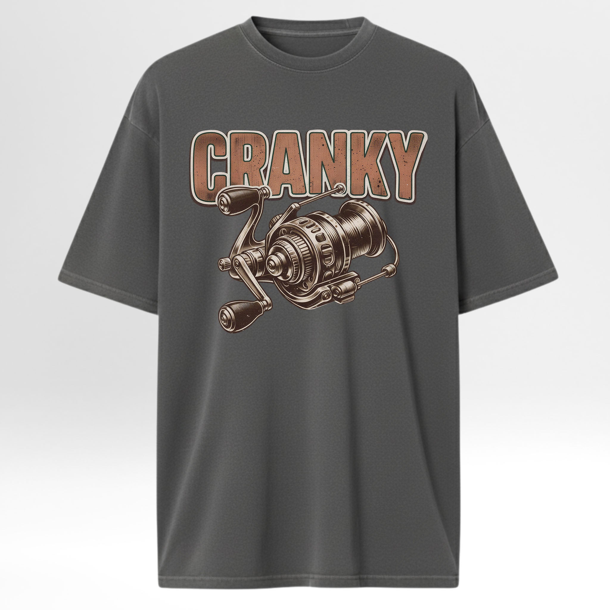Gray fishing t-shirt with a fishing reel graphic and 'CRANKY' text.