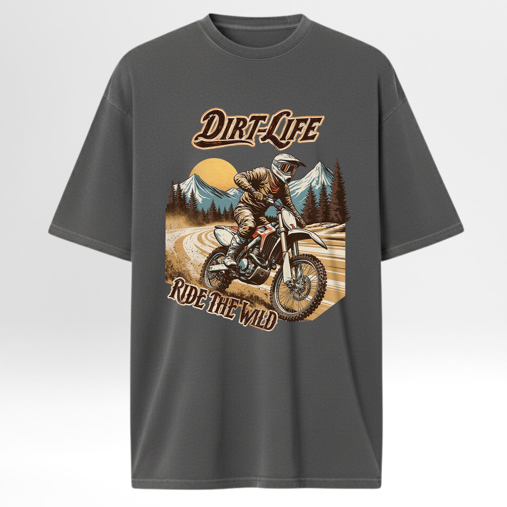 Gray camp & trail t-shirt with a graphic of a person on a dirt bike and mountain landscape, with 'Dirt Life Ride the Wild' text.