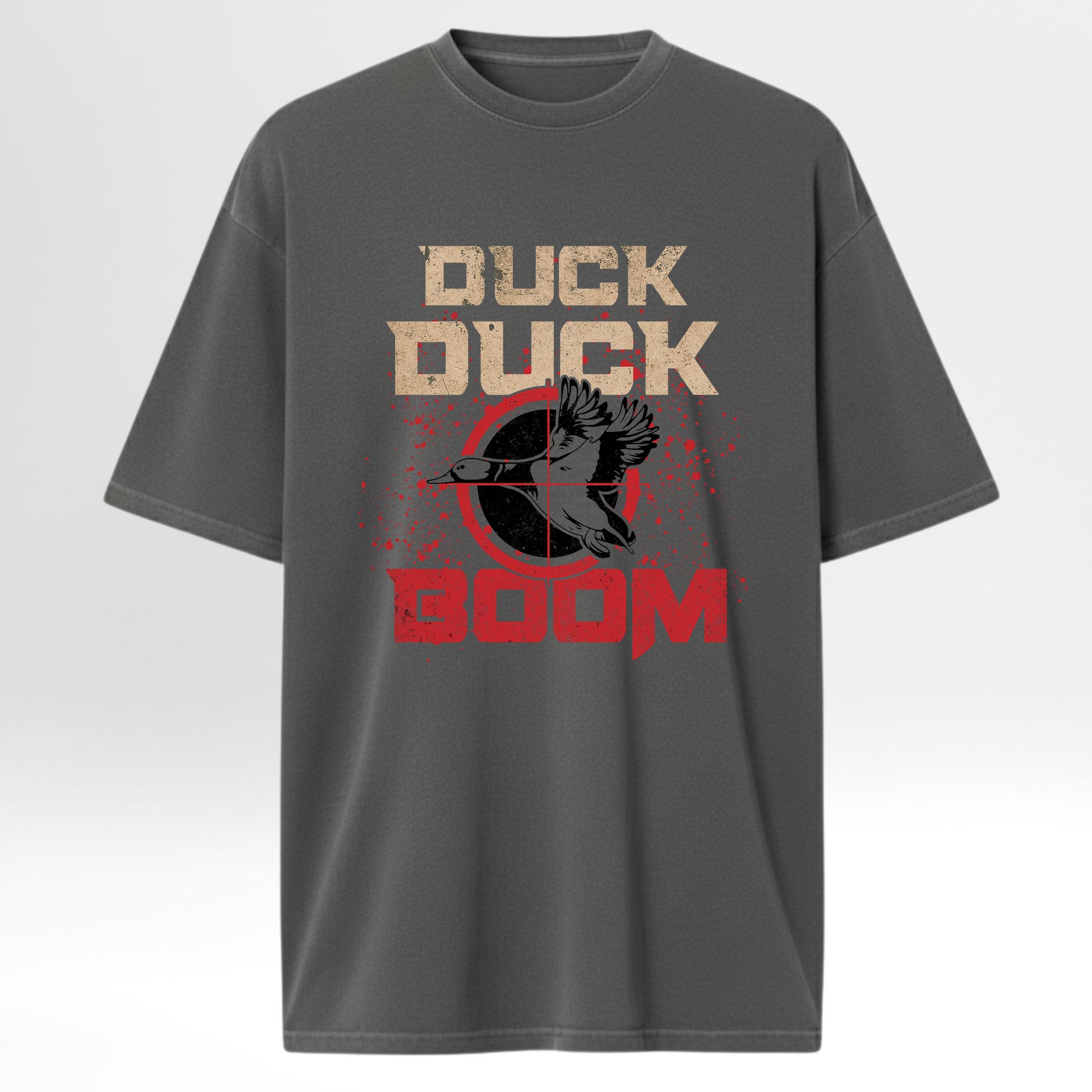 Gray hunting t-shirt with 'Duck Duck Boom' graphic design.