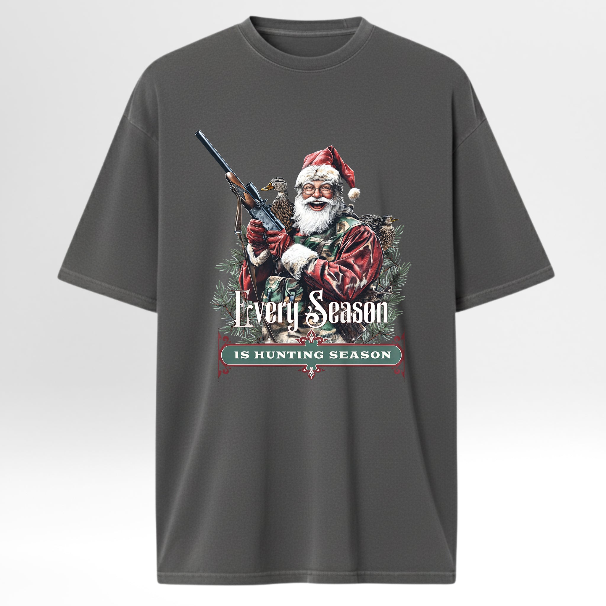 Gray hunting t-shirt with a graphic of Santa Claus hunting and text 'Every Season is Hunting Season'.