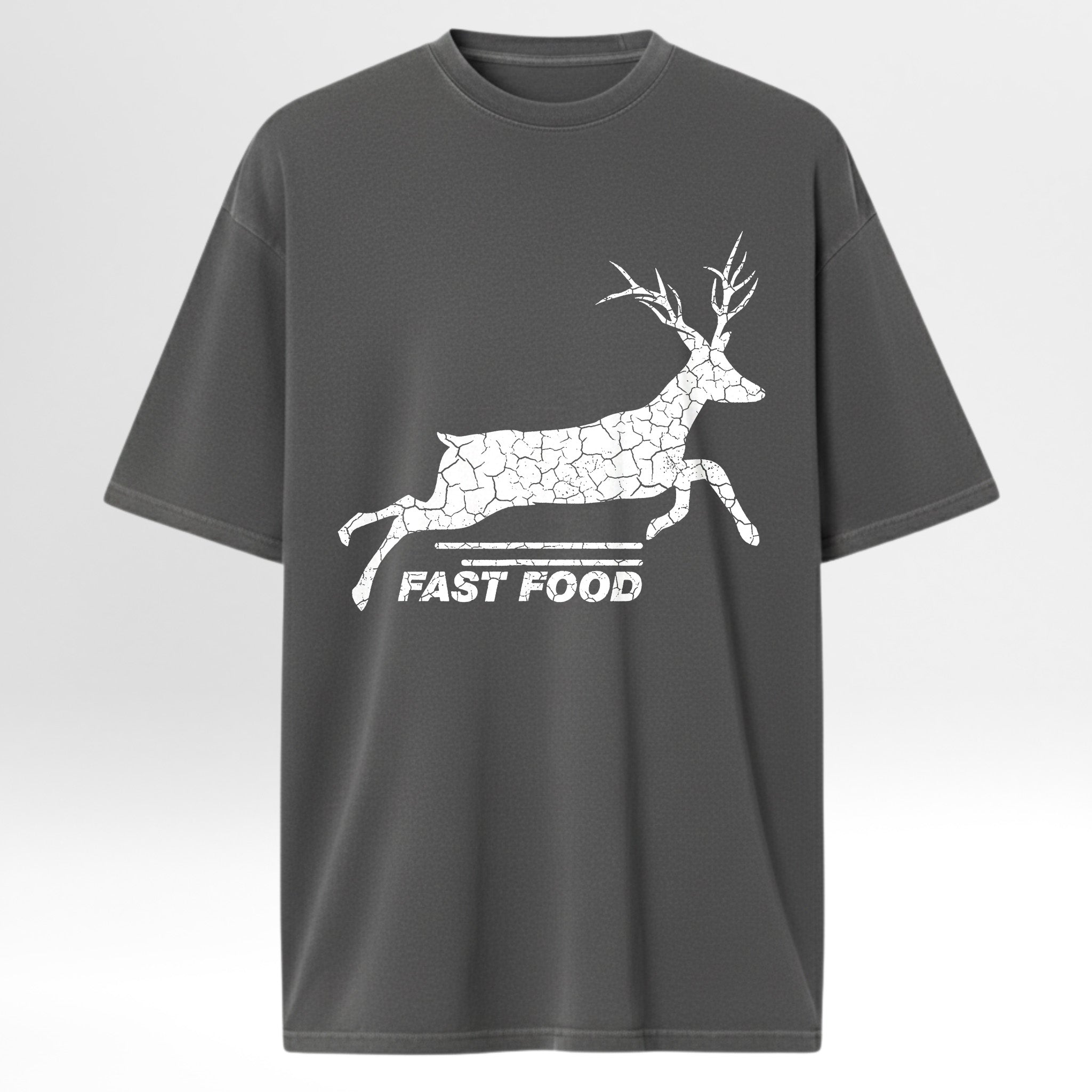 Gray hunting t-shirt with a white deer graphic and 'FAST FOOD' text.
