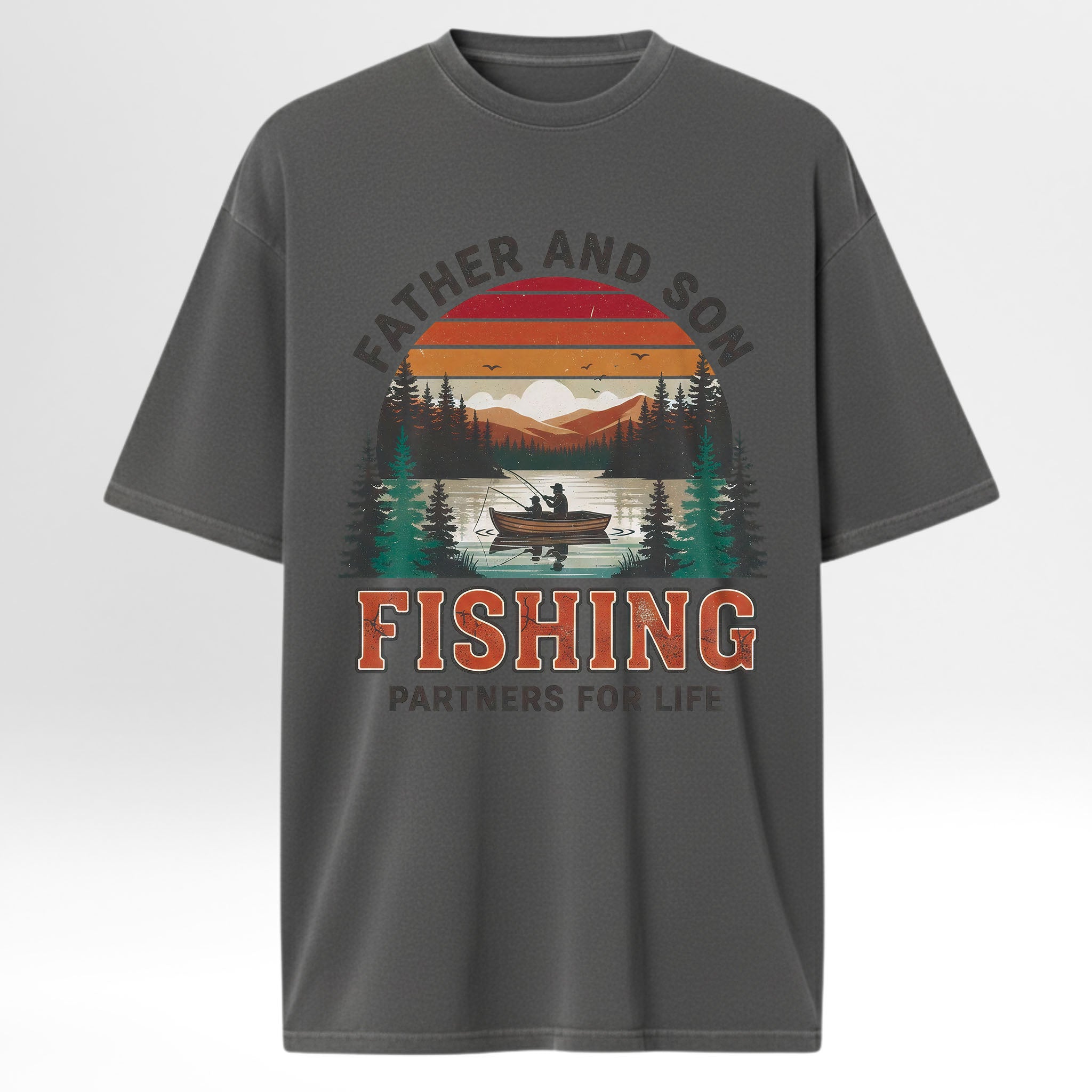Gray fishing t-shirt with a fishing graphic and text 'Father And Son Fishing Partners For Life'.