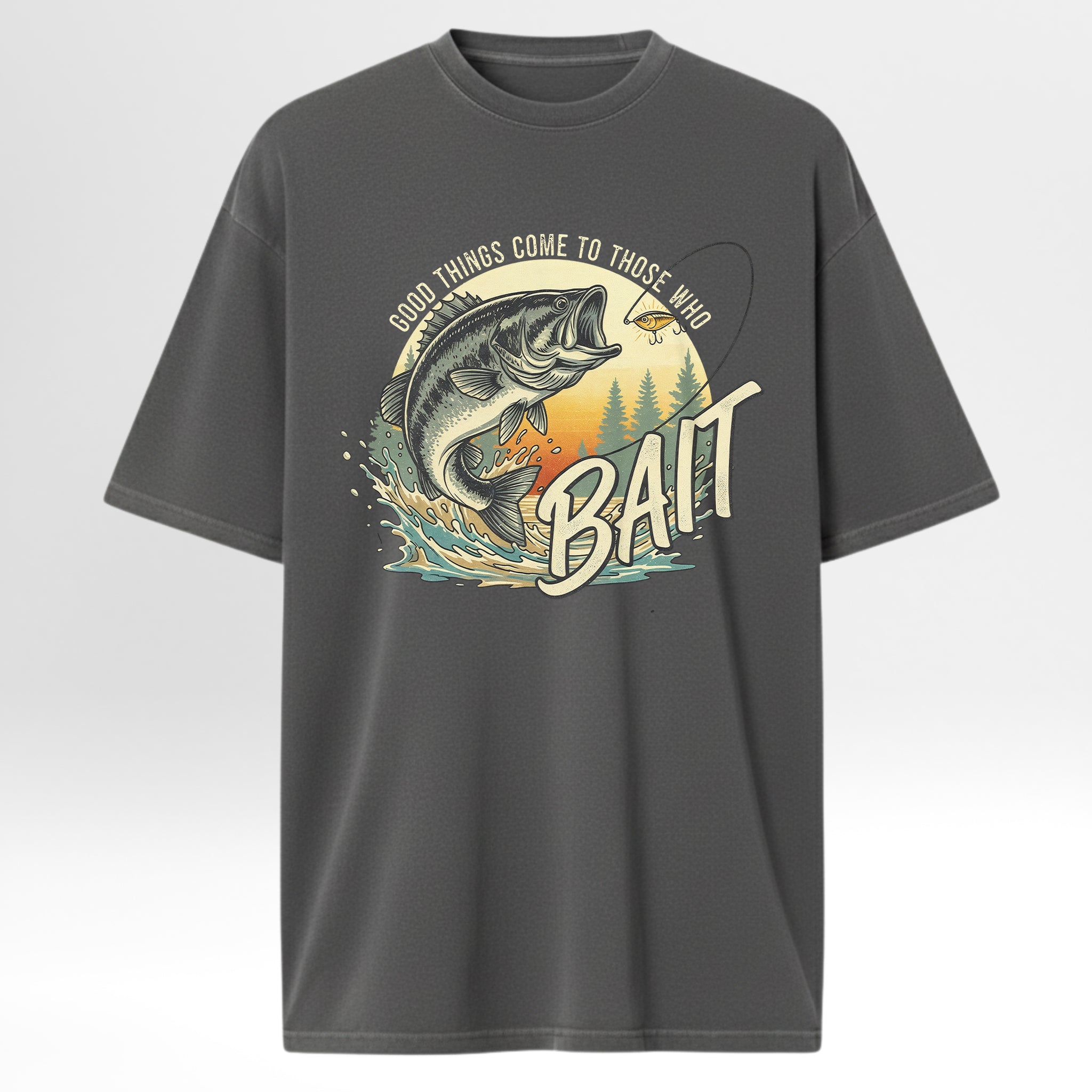 Gray fishing t-shirt with fishing graphic and text 'Good Things Come To Those Who Bait'.