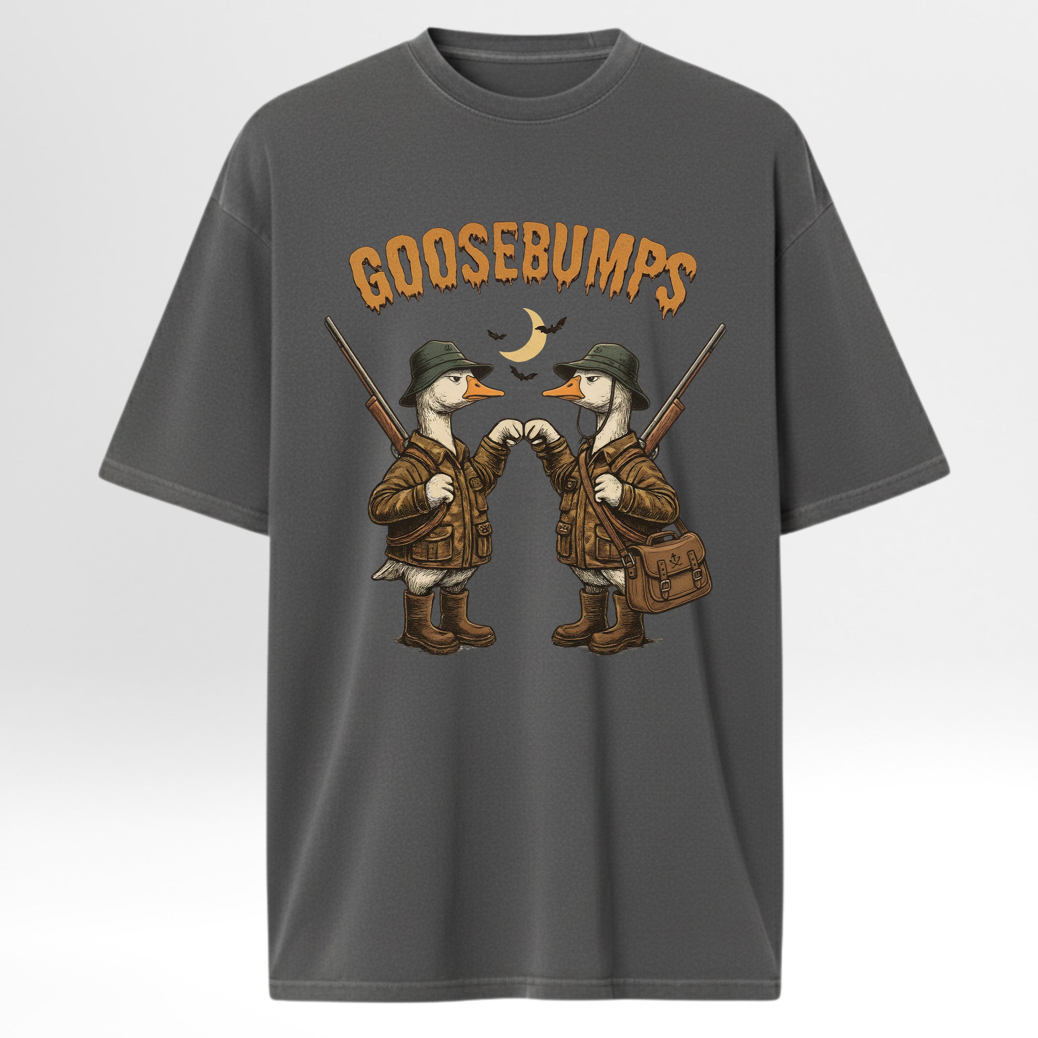 Gray hunting graphic t-shirt with cartoon ducks in hunting gear and 'GOOSEBUMPS' text on a white background