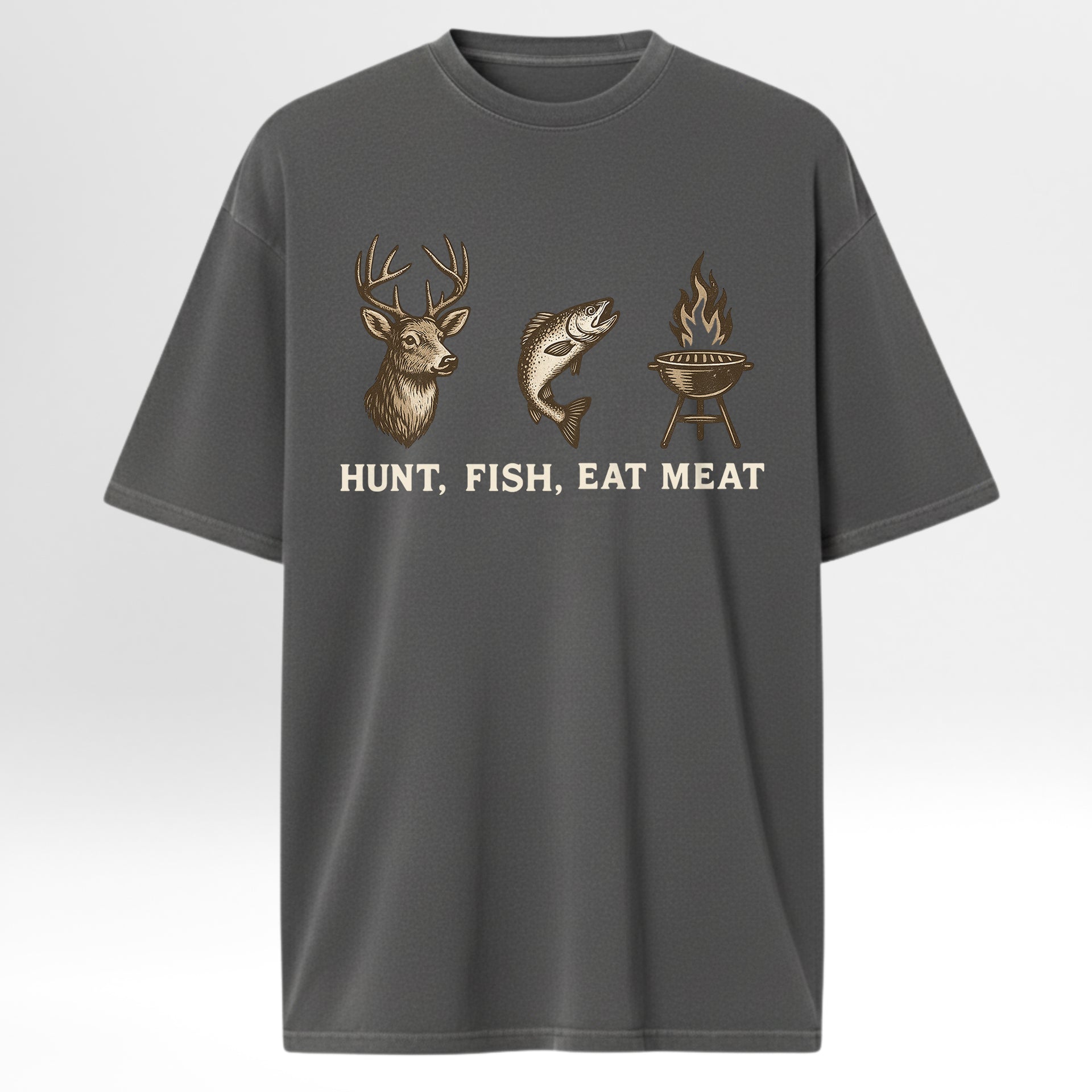 Gray hunting & fishing t-shirt with hunting, fishing, and barbecue graphics and text.