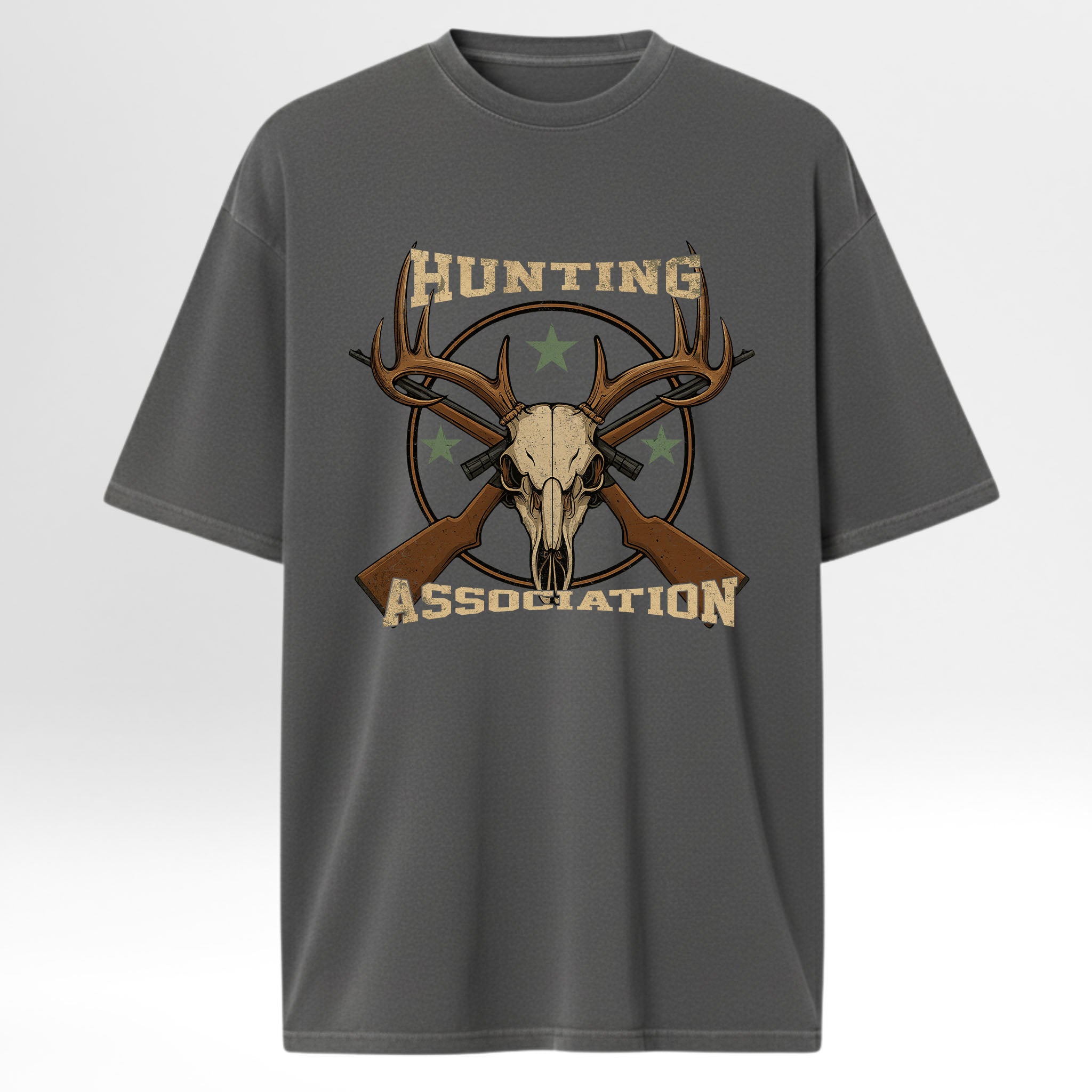 Gray hunting t-shirt with hunting graphic and text 'Hunting Association'.