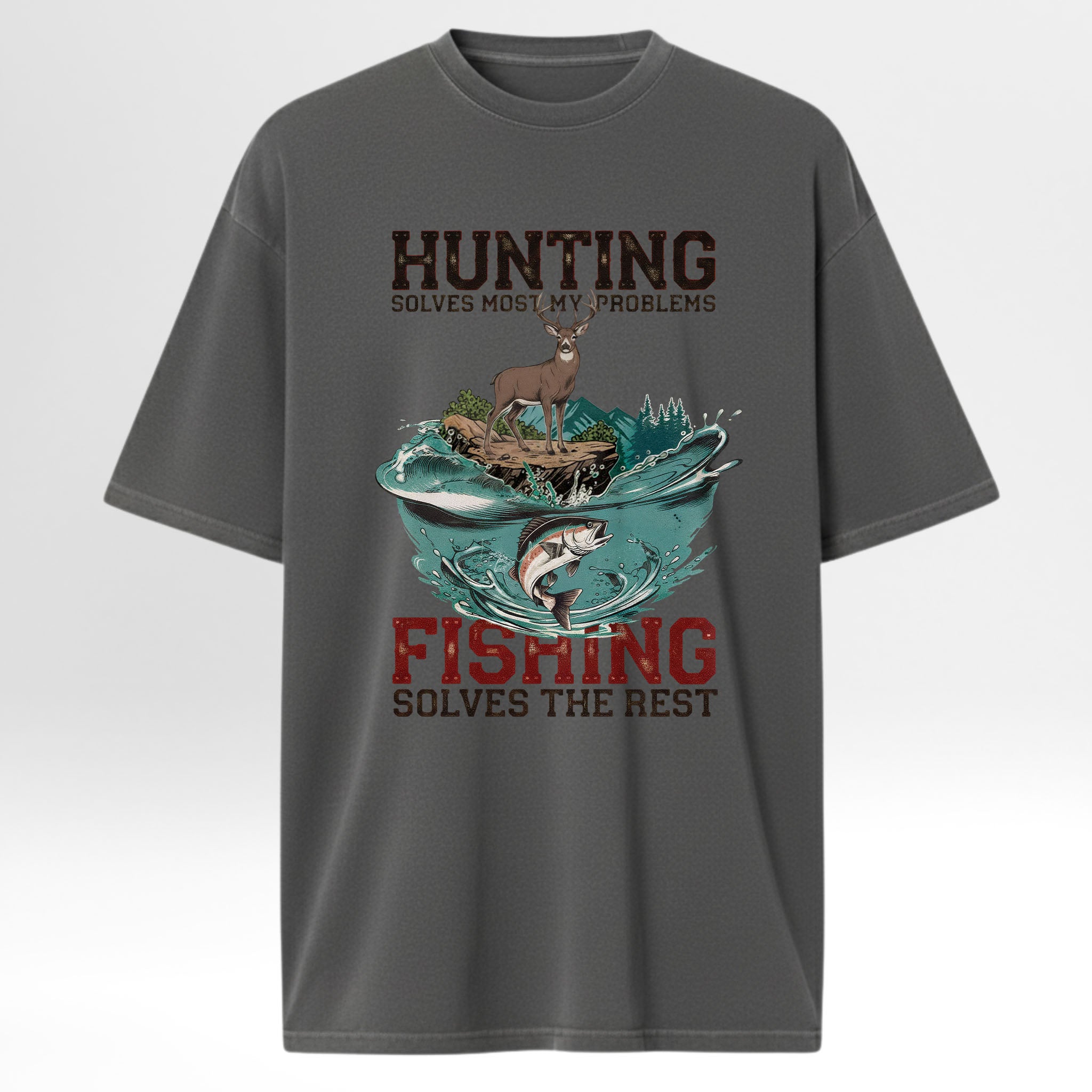 Gray hunting and fishing t-shirt with hunting and fishing graphic and text.