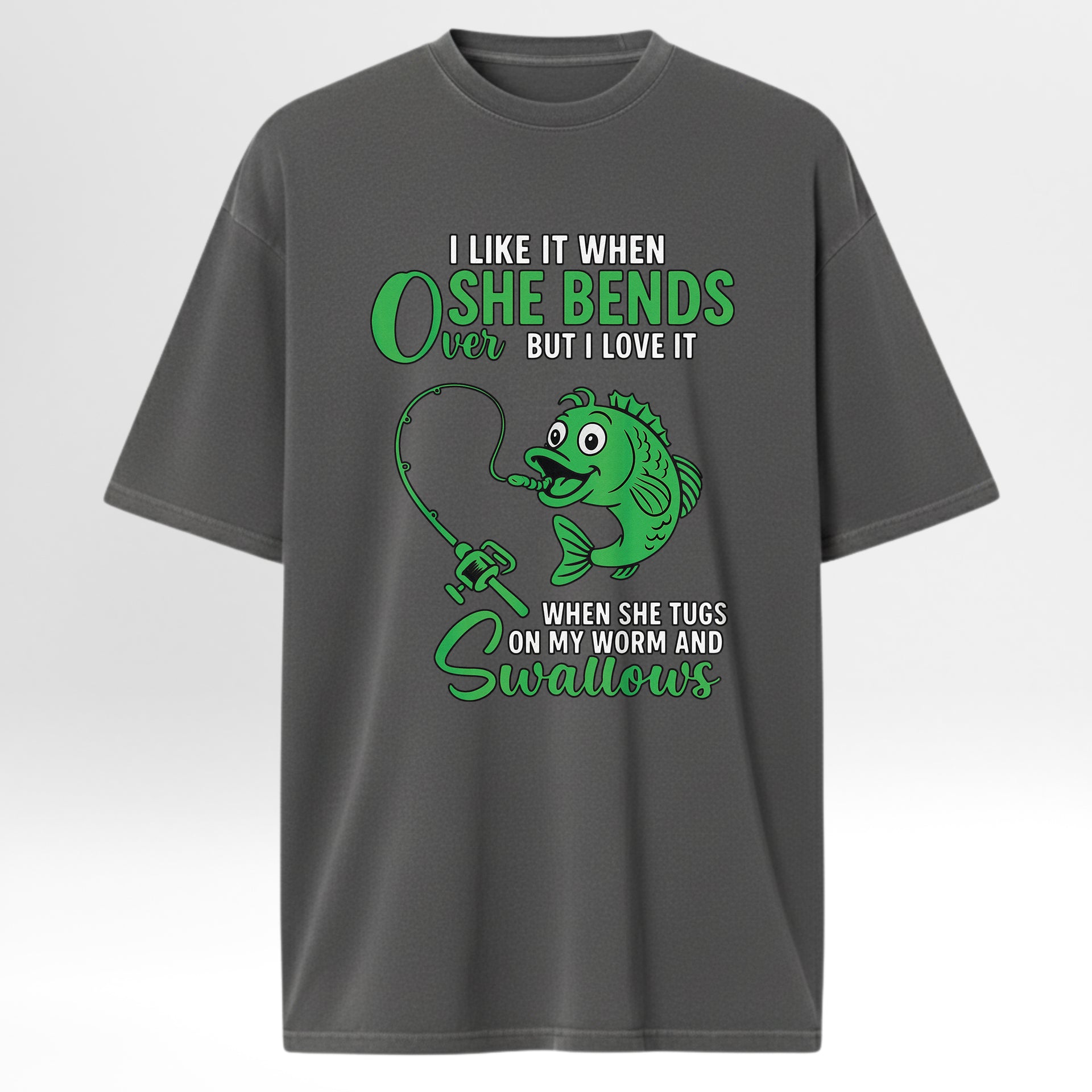 Gray fishing t-shirt with green fishing graphic and text.