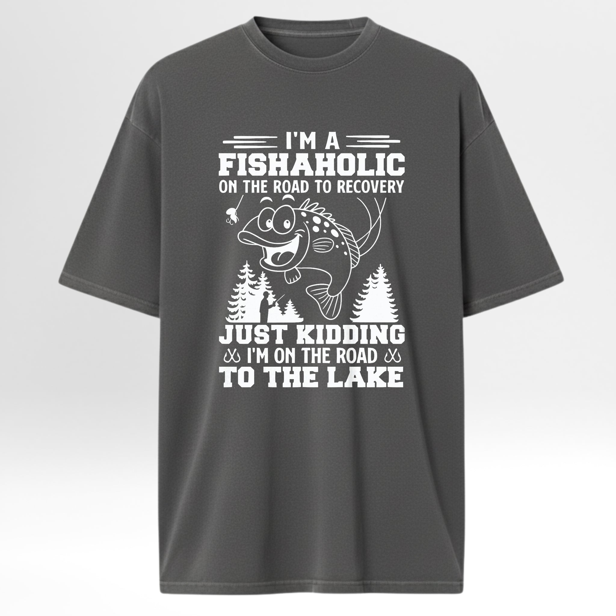 Gray fishing t-shirt with fishing-themed text and graphic.