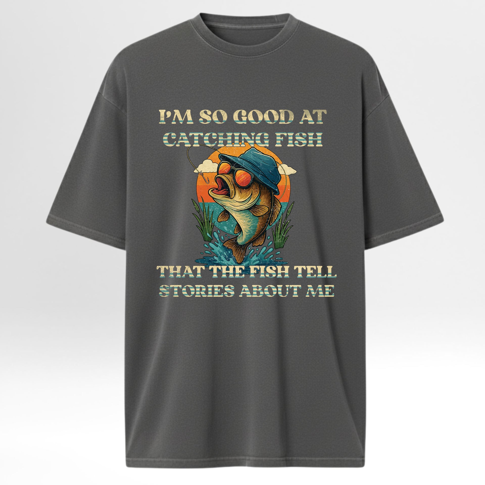 Gray fishing t-shirt with a fish graphic and text.
