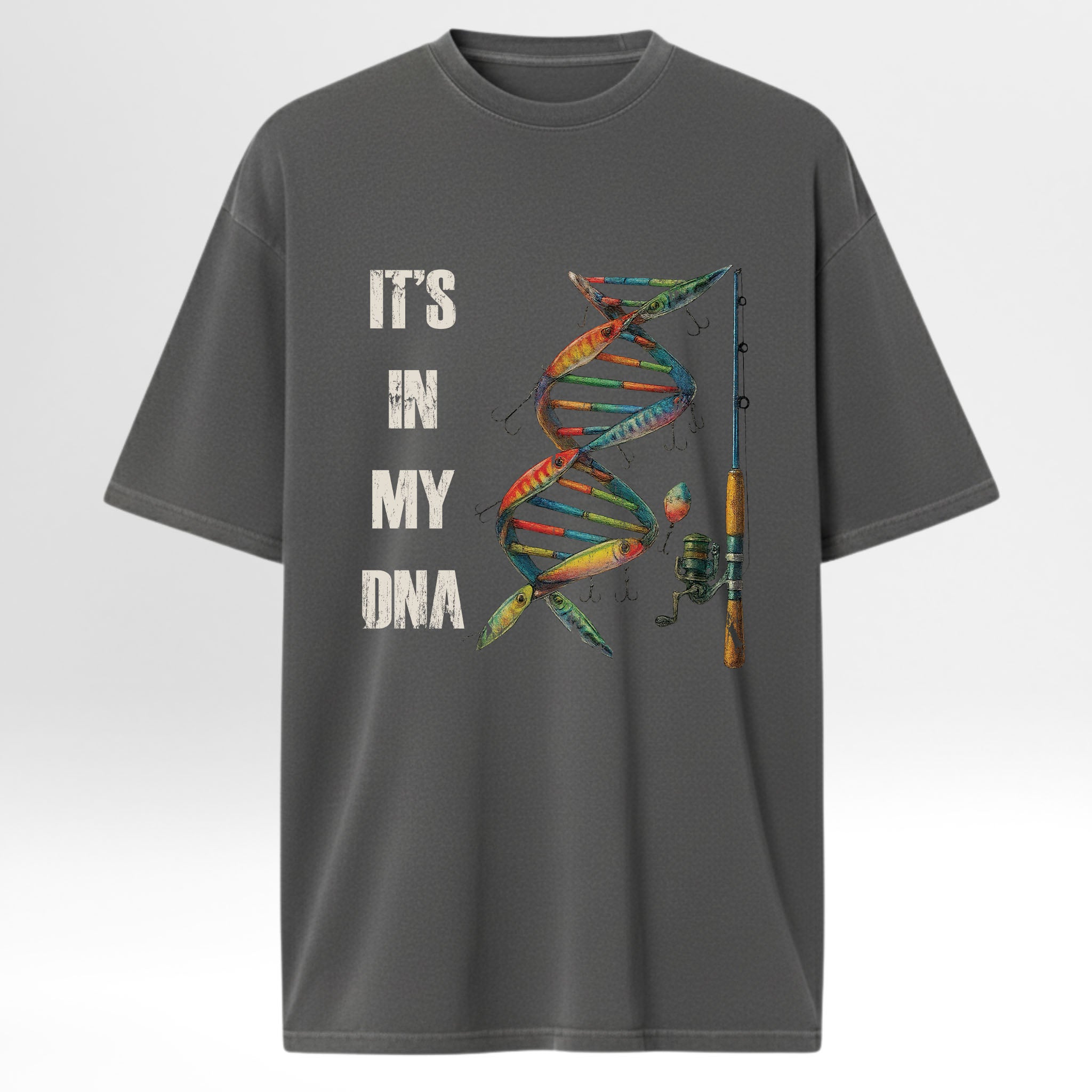 Gray fishing graphic t-shirt with colorful DNA graphic and text 'IT'S IN MY DNA' 