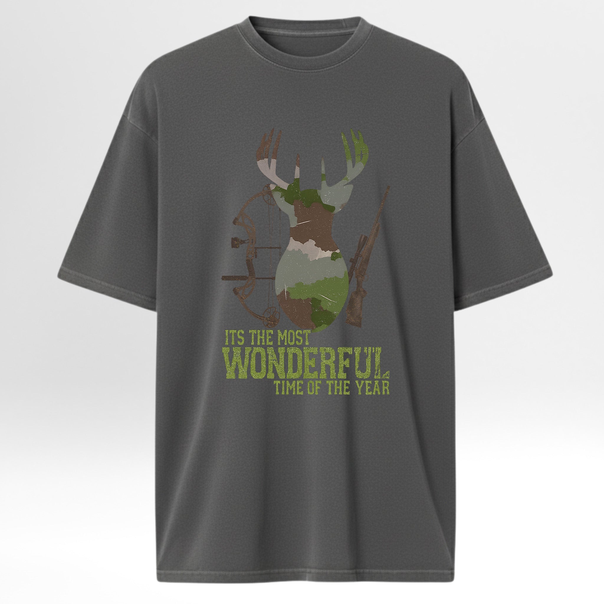 Gray hunting t-shirt with a deer graphic and text 'It's The Most Wonderful Time Of The Year'.