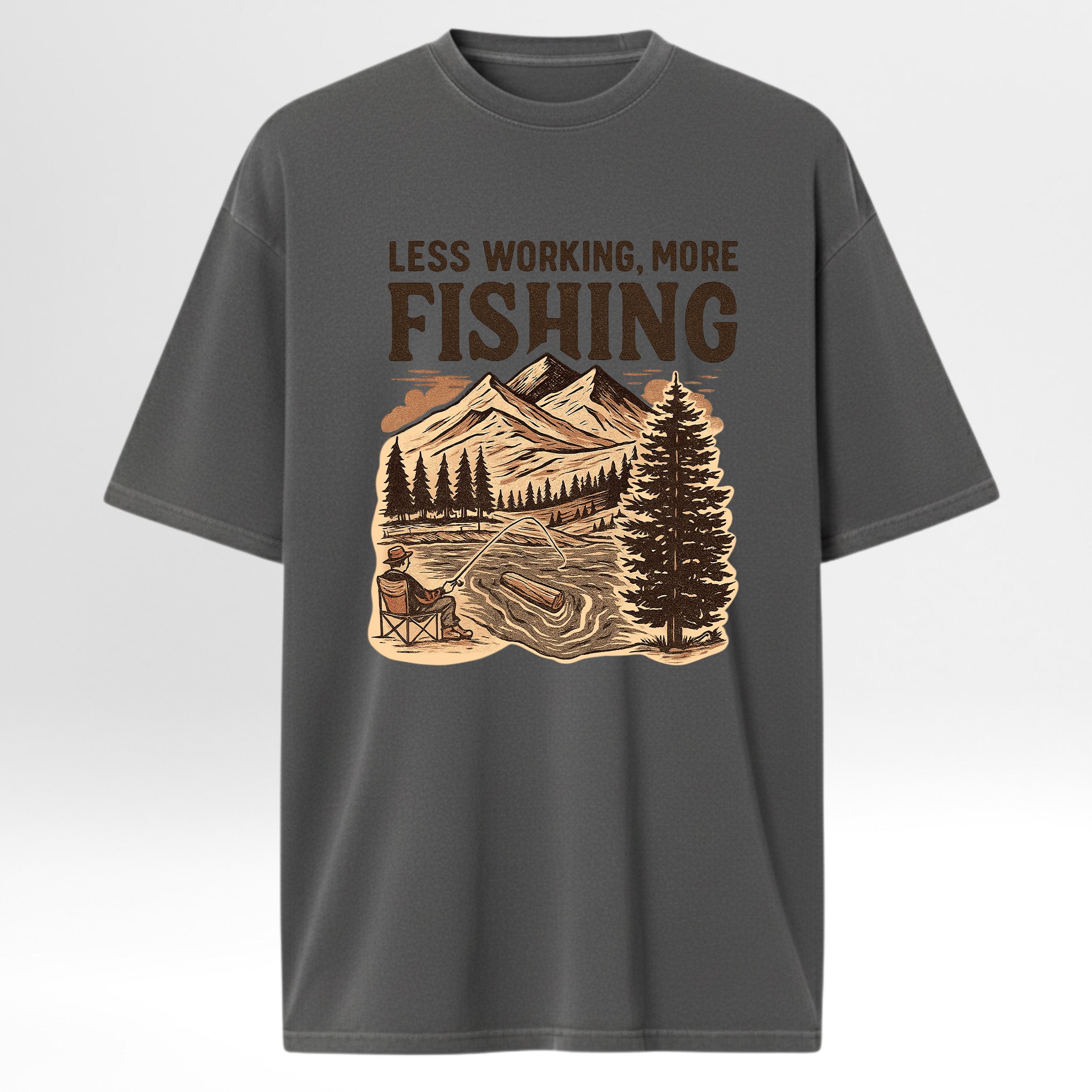 Gray fishing graphic t-shirt with fishing graphic and text 'LESS WORKING. MORE FISHING'