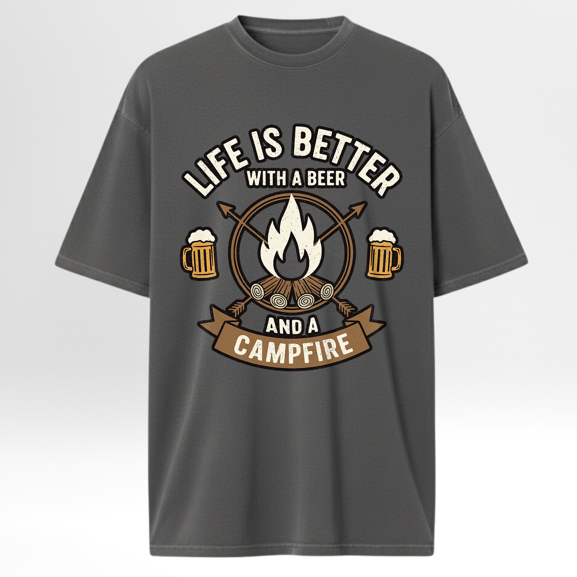 Gray camp & trail t-shirt with 'Life is better with a beer and a campfire' graphic design.