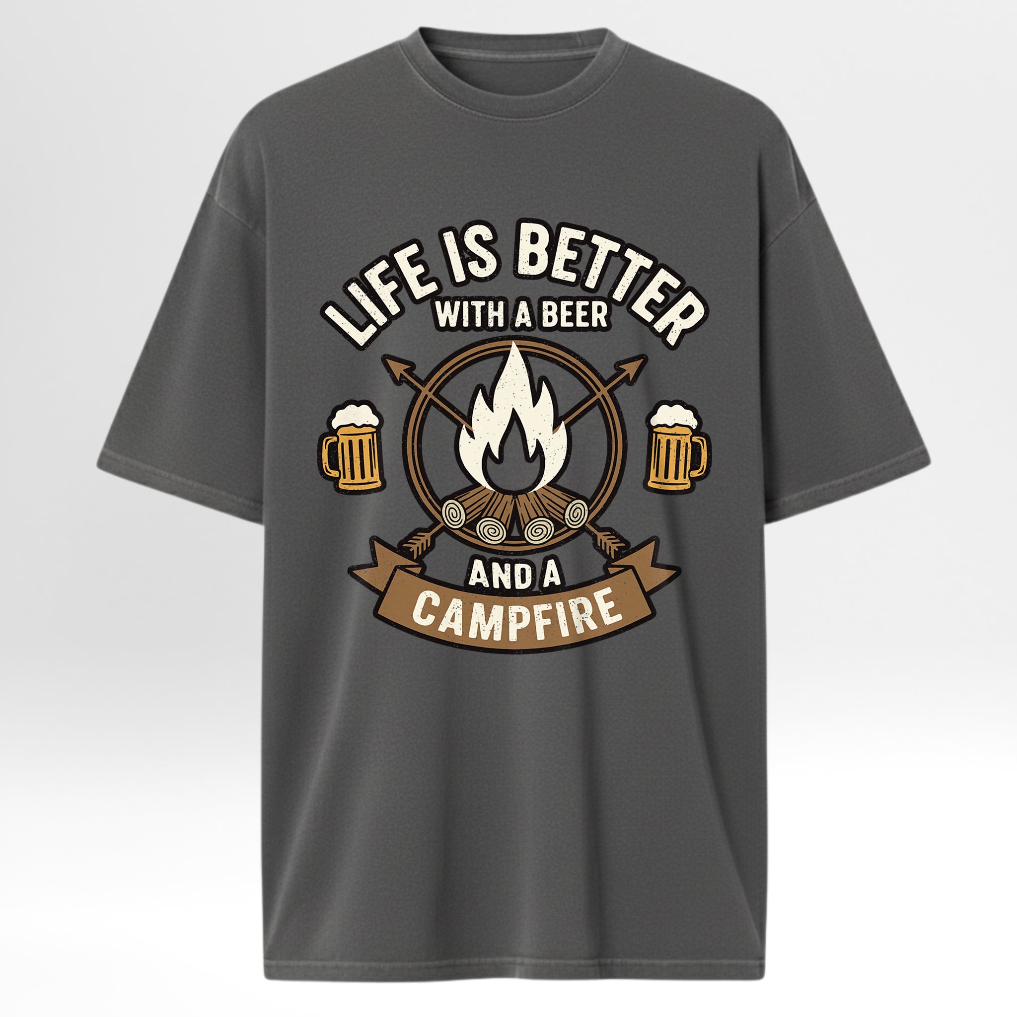 Gray camp & trail t-shirt with 'Life is better with a beer and a campfire' graphic design.