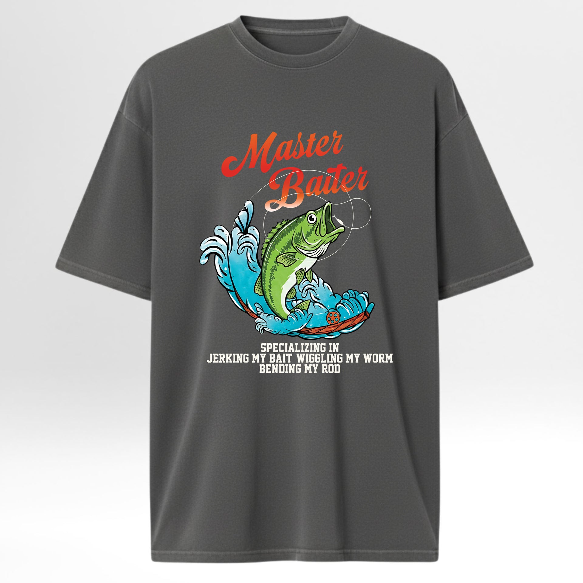 Gray fishing t-shirt with fishing graphic and text.