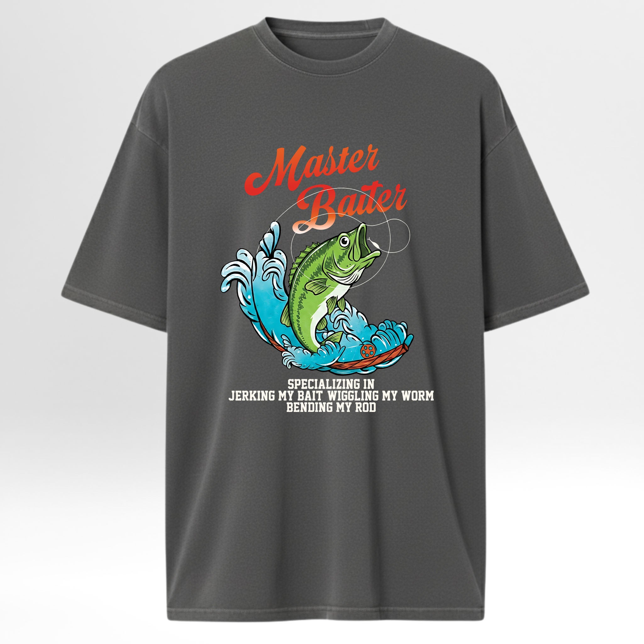 Gray fishing t-shirt with fishing graphic and text.