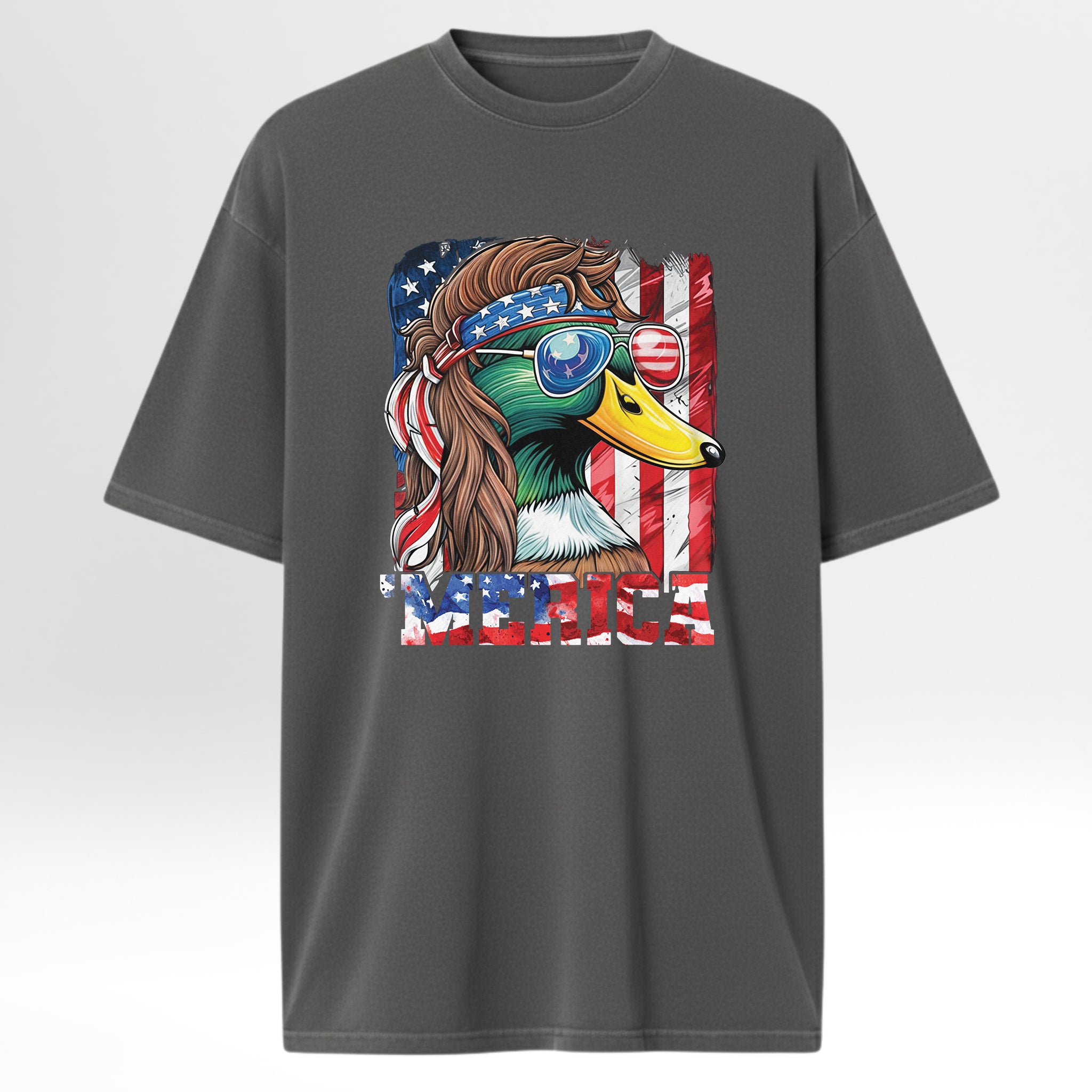 Gray hunting graphic t-shirt with a graphic of a duck wearing sunglasses and an American flag headband.