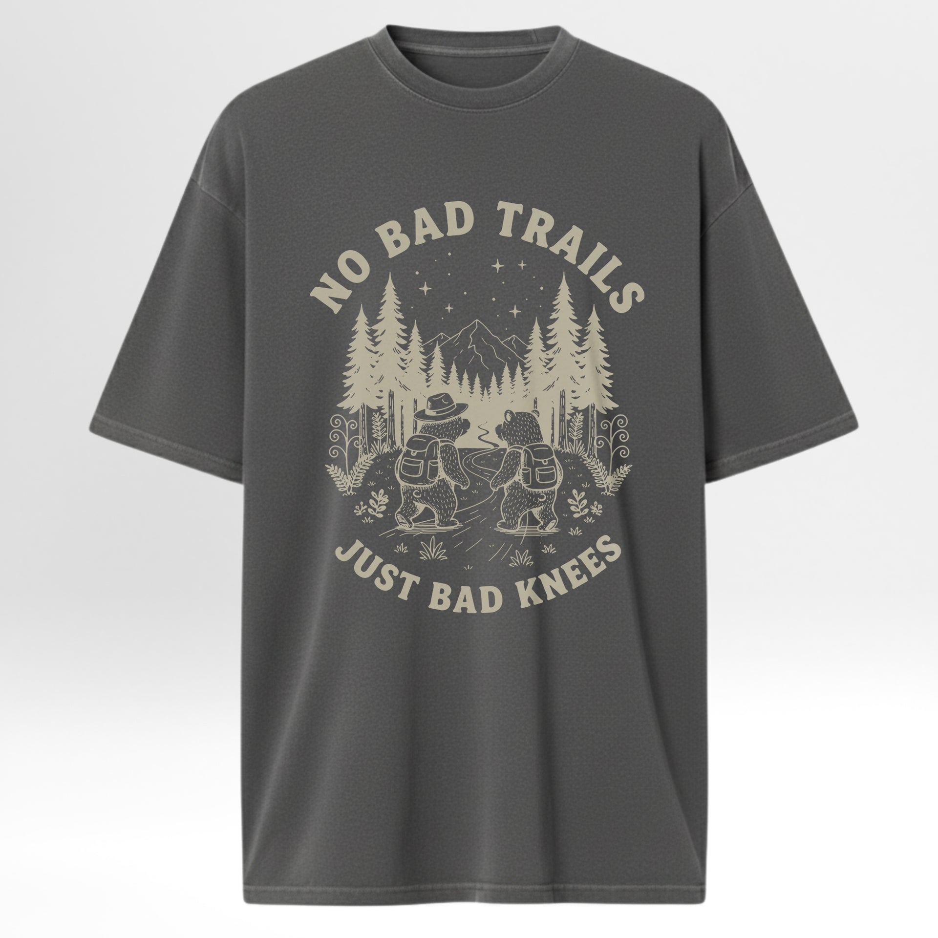 Gray camp & trail t-shirt with a graphic design of two bears in a forest and text 'No Bad Trails Just Bad Knees'.