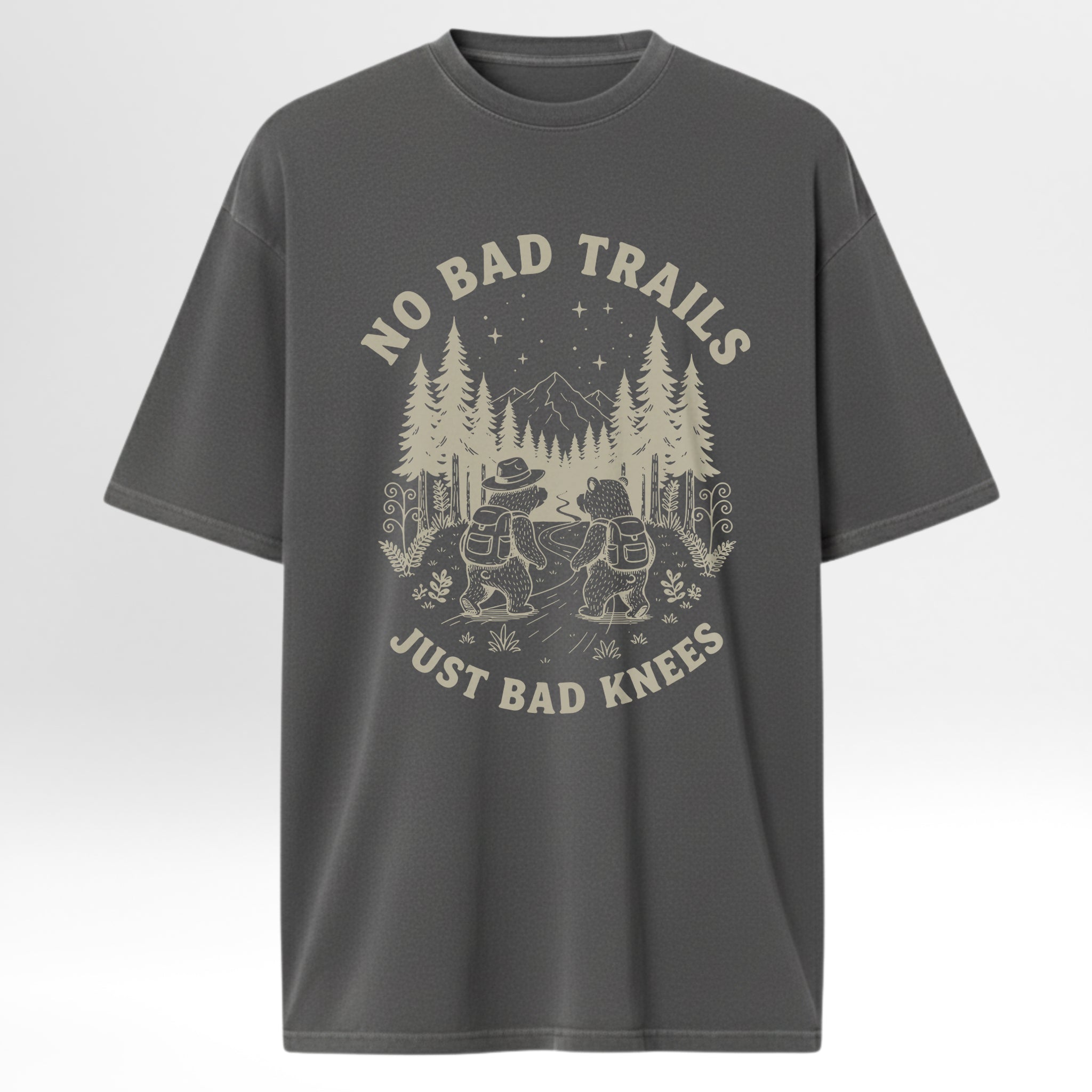 Gray camp & trail t-shirt with a graphic design of two bears in a forest and text 'No Bad Trails Just Bad Knees'.