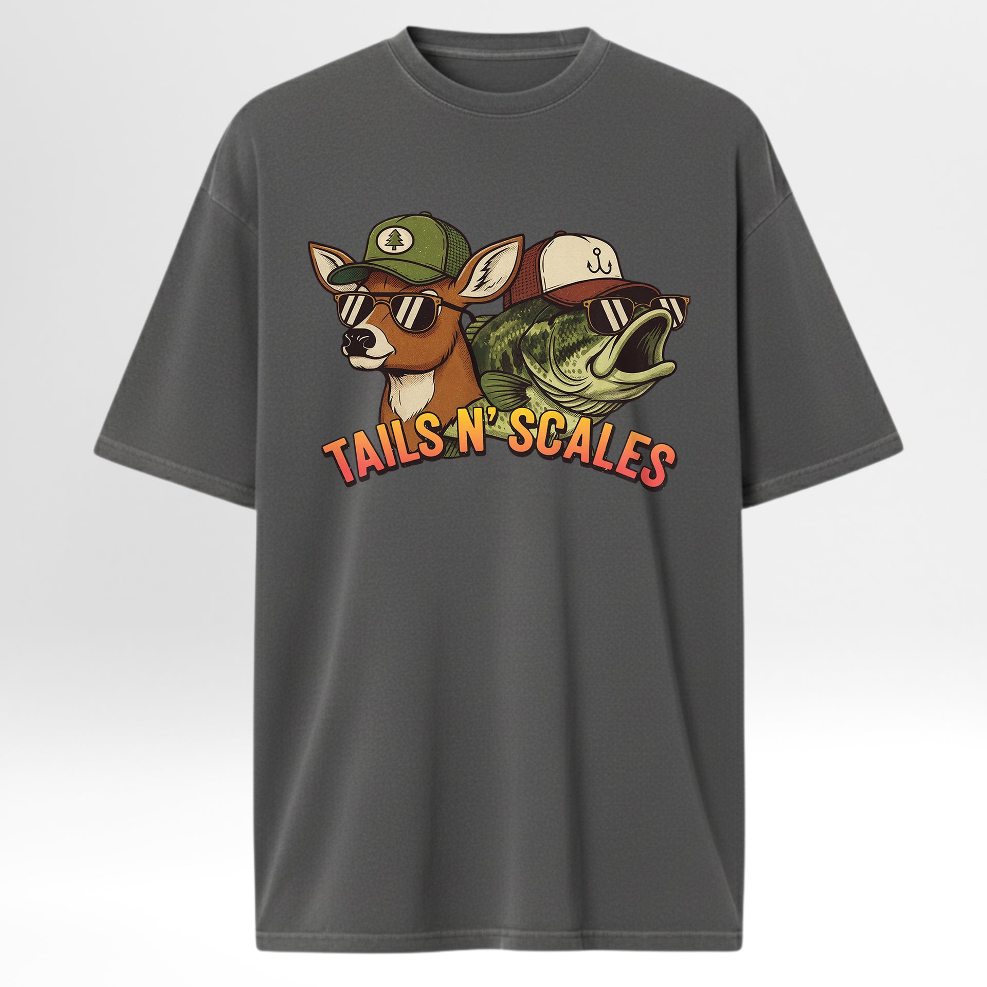 Gray hunting and fishing t-shirt with a graphic of a deer and fish wearing hats and sunglasses, with 'Tails N Scales' text.