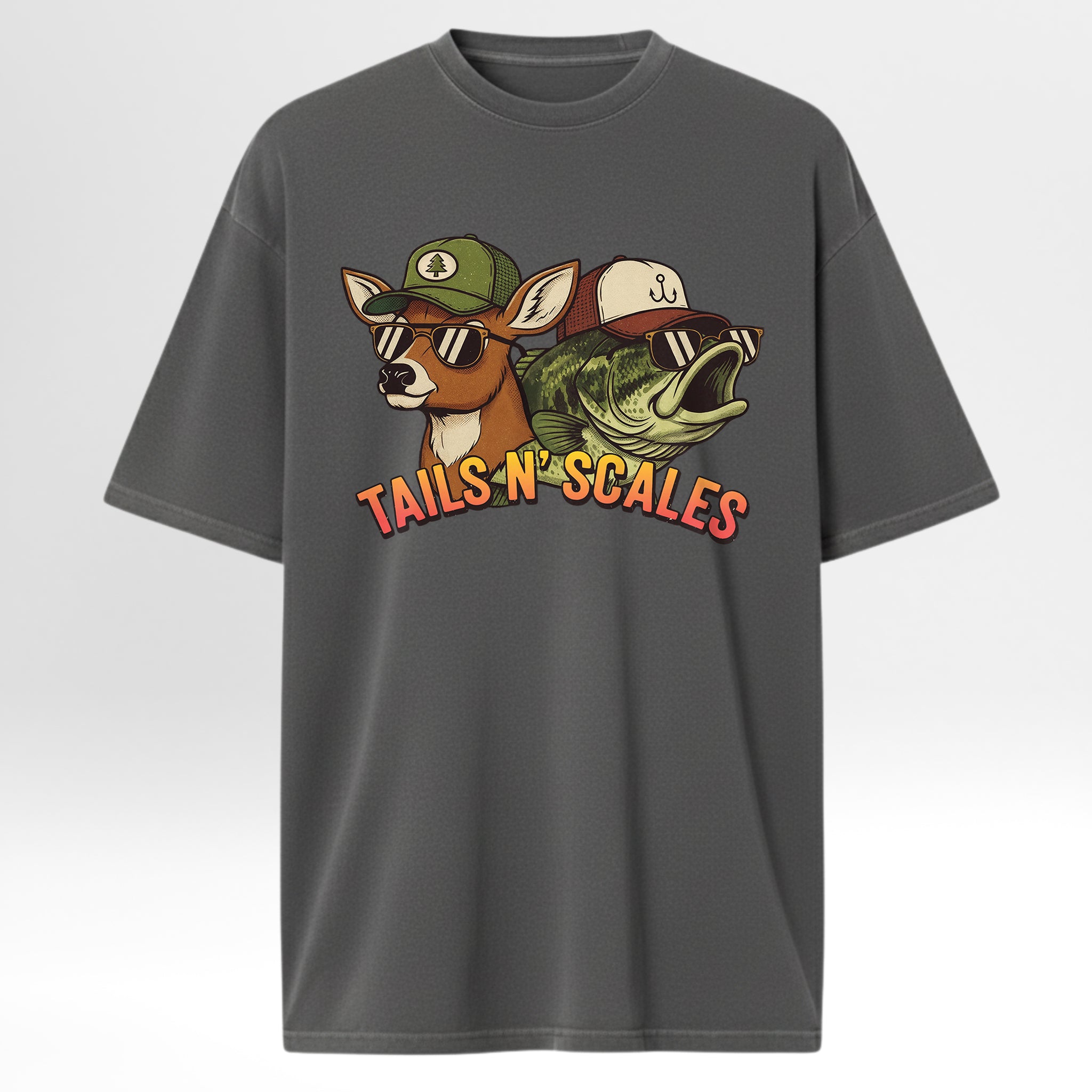 Gray hunting and fishing t-shirt with a graphic of a deer and fish wearing hats and sunglasses, with 'Tails N Scales' text.