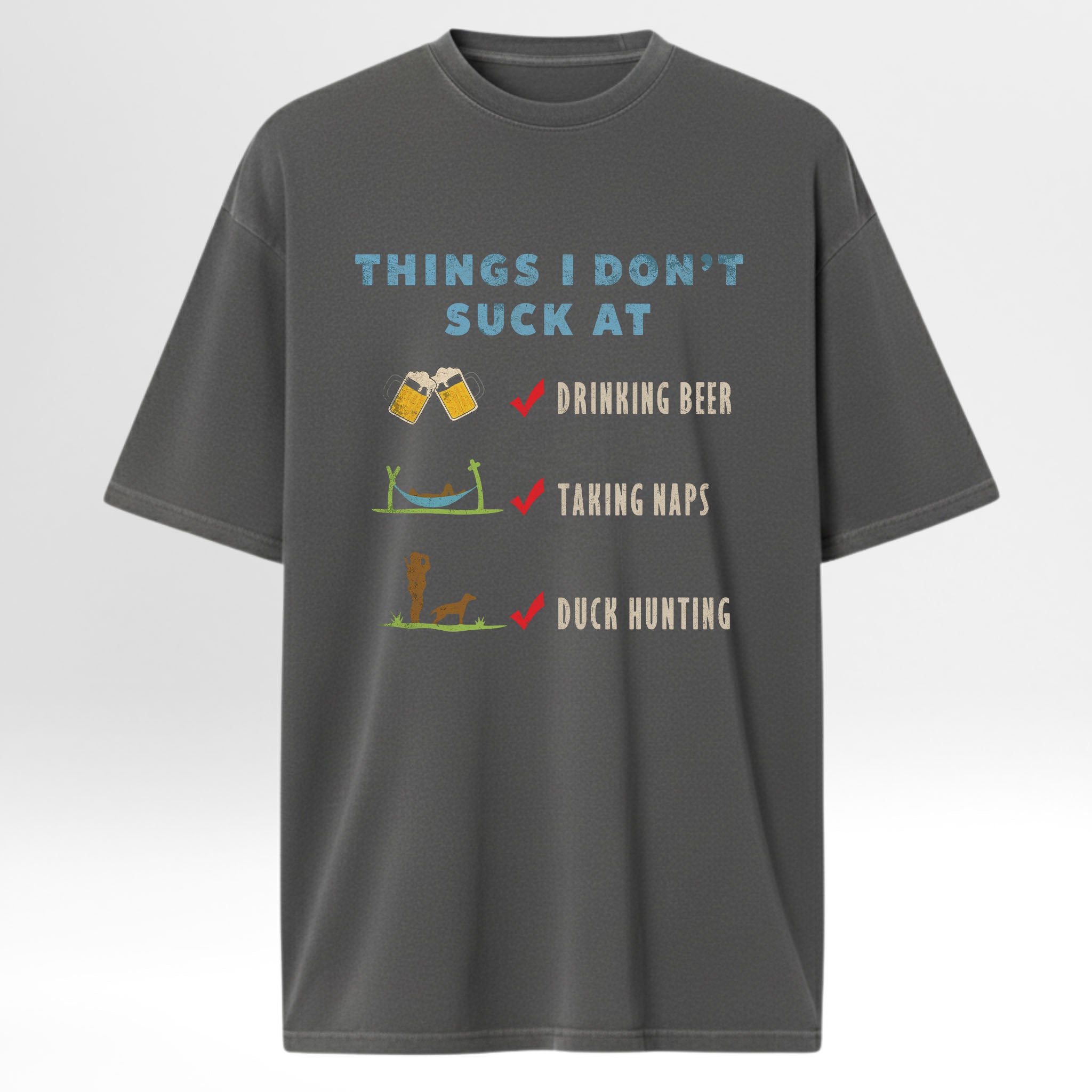 Gray t-shirt with humorous text and graphics.