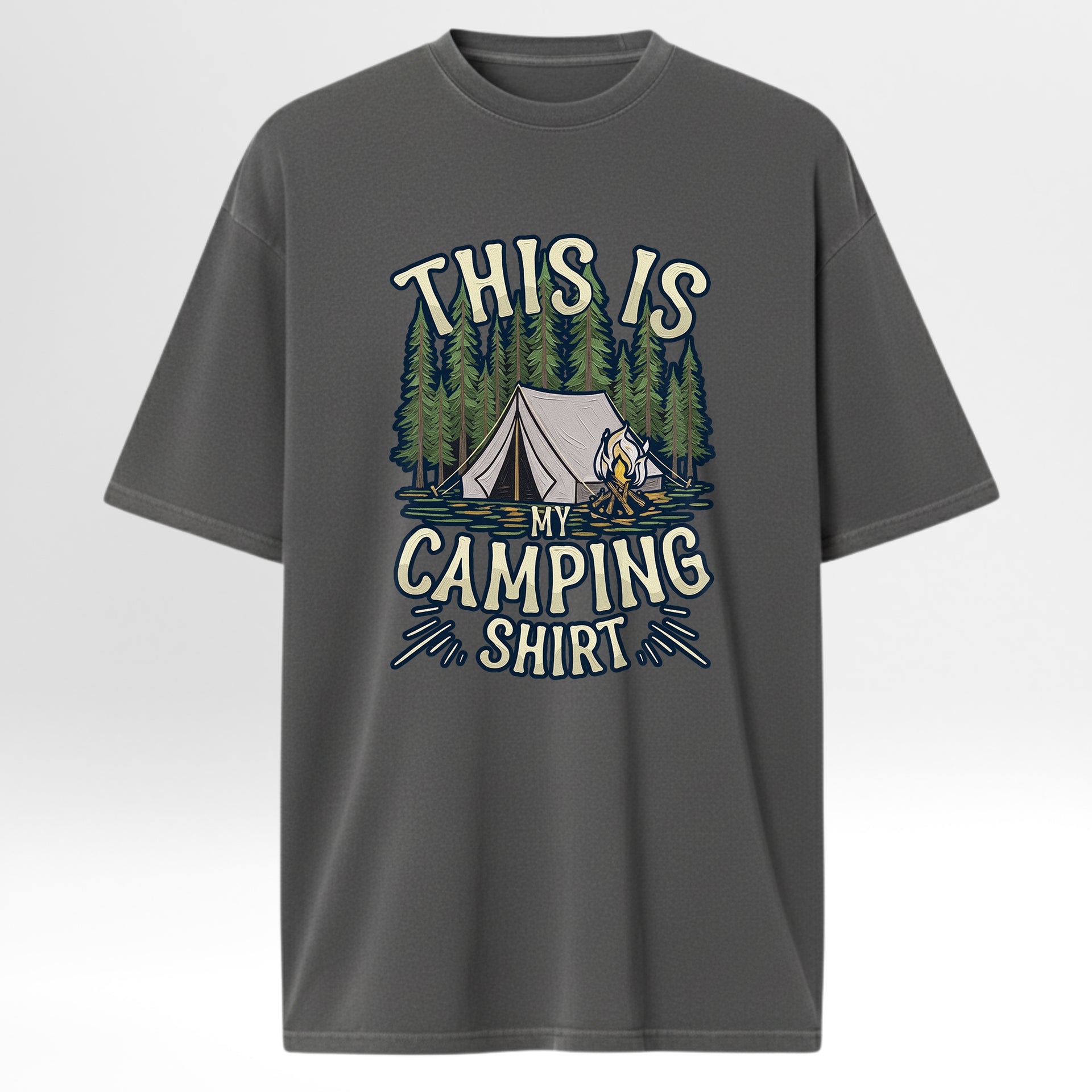 Gray camping t-shirt with camping graphic and text 'This Is My Camping Shirt'.