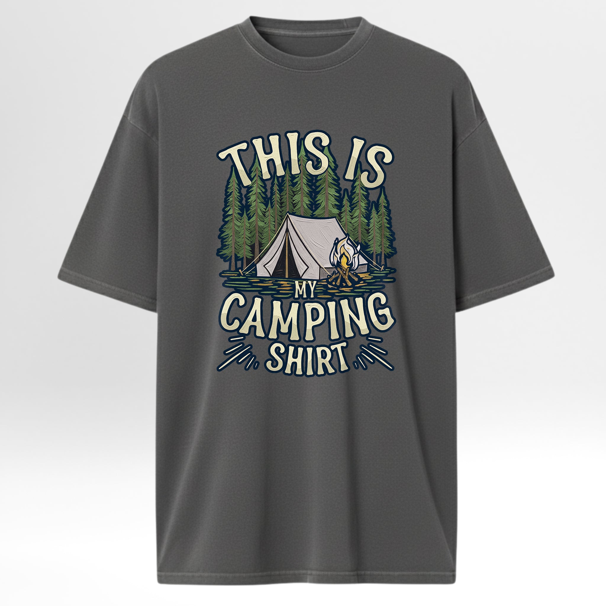 Gray camping t-shirt with camping graphic and text 'This Is My Camping Shirt'.