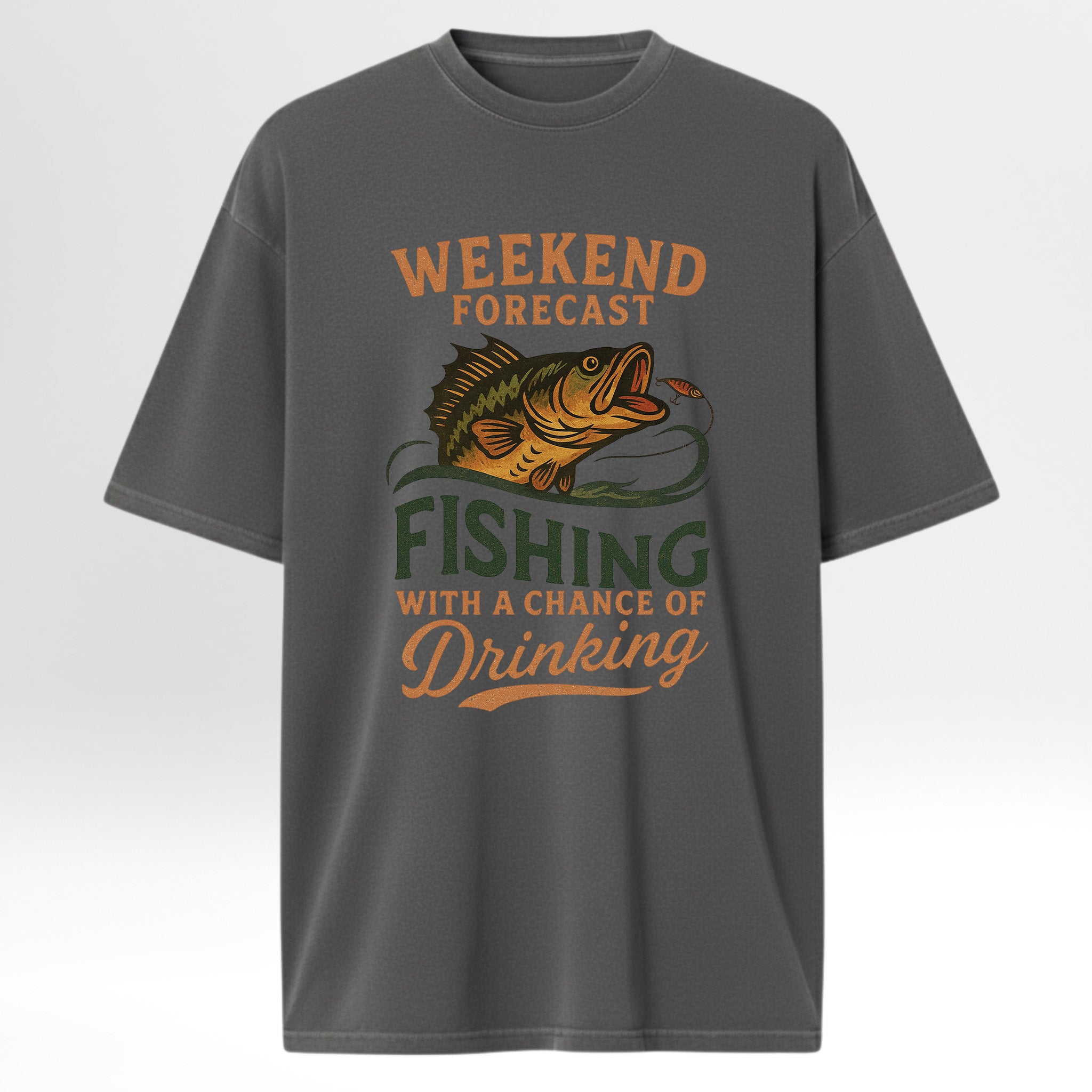 Gray fishing t-shirt with fishing graphic and text 'Weekend Forecast Fishing With A Chance Of Drinking'.