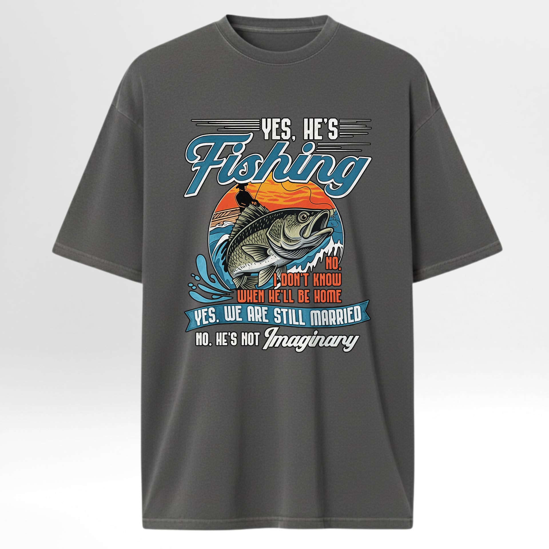 Gray fishing t-shirt with fishing graphic and text.