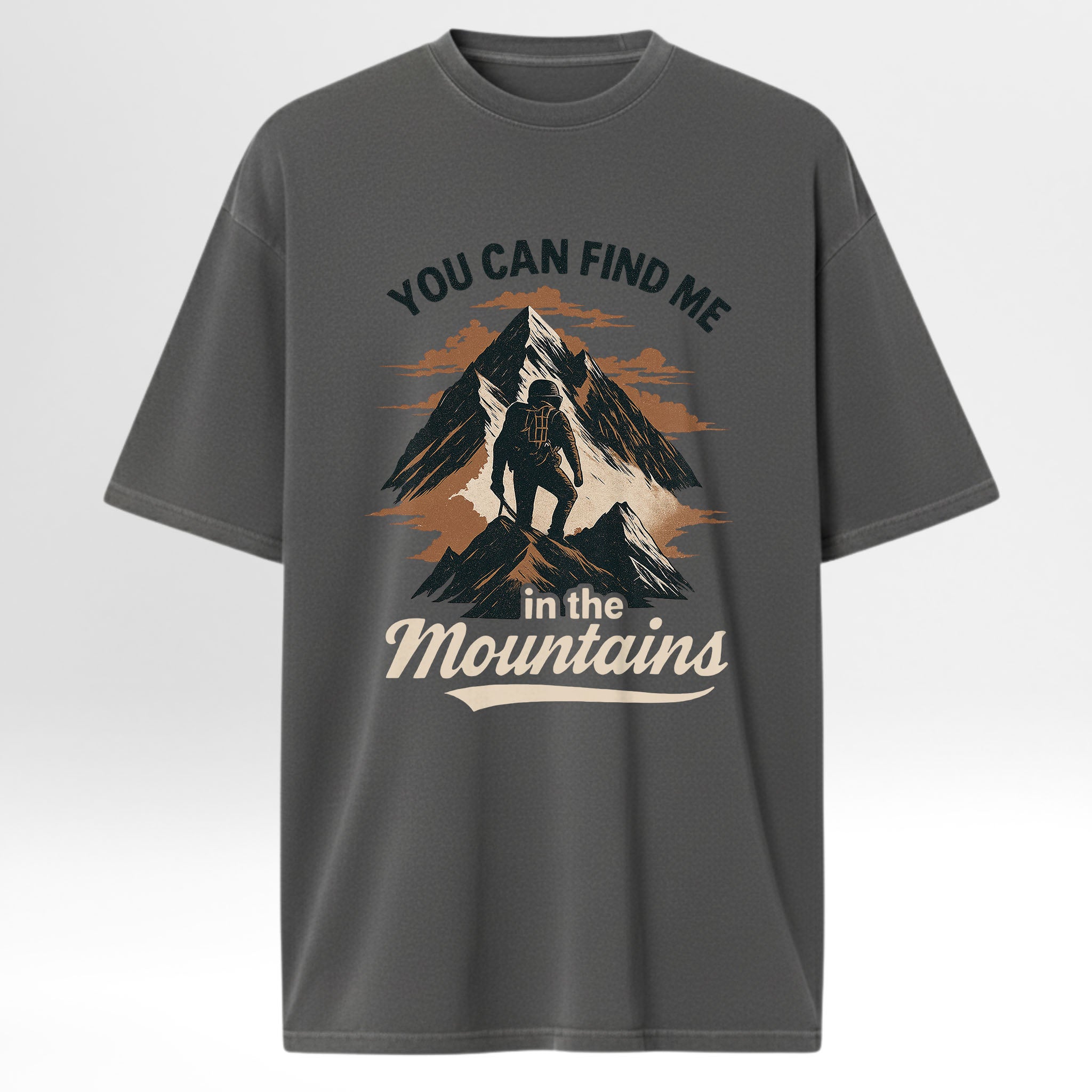 Gray camp & trail t-shirt with mountain graphic and text 'You Can Find Me In The Mountains'.