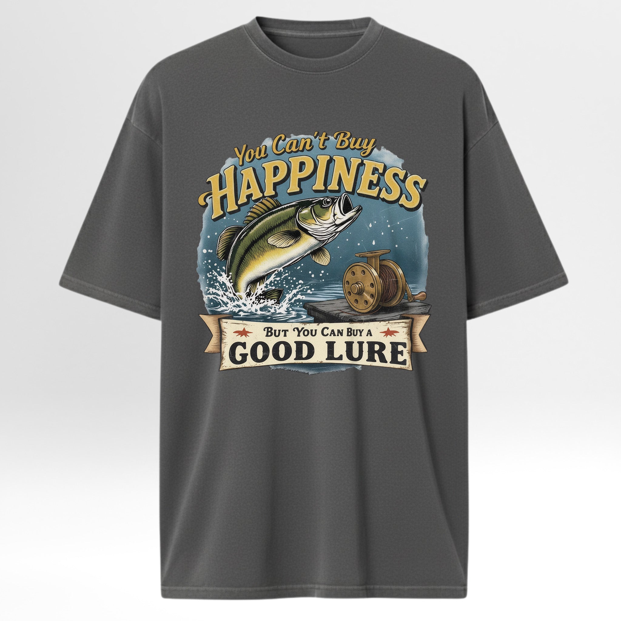 Gray fishing t-shirt with fishing graphic and text 'You Can't Buy Happiness But You Can Buy A Good Lure'.