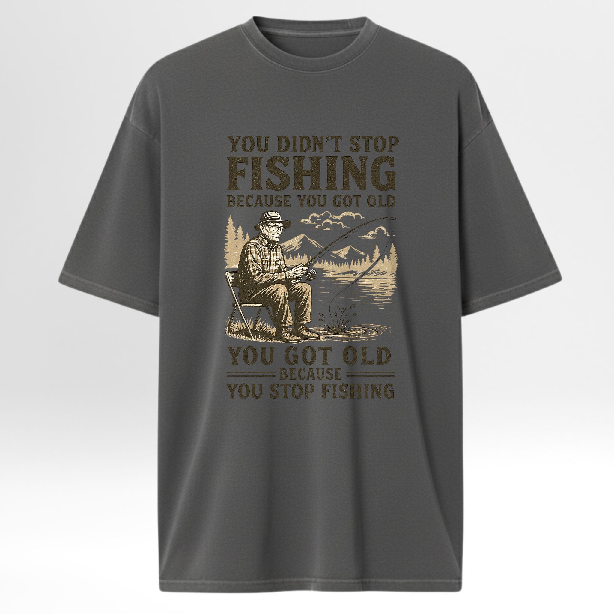 Gray fishing t-shirt with fishing graphic and humorous text.