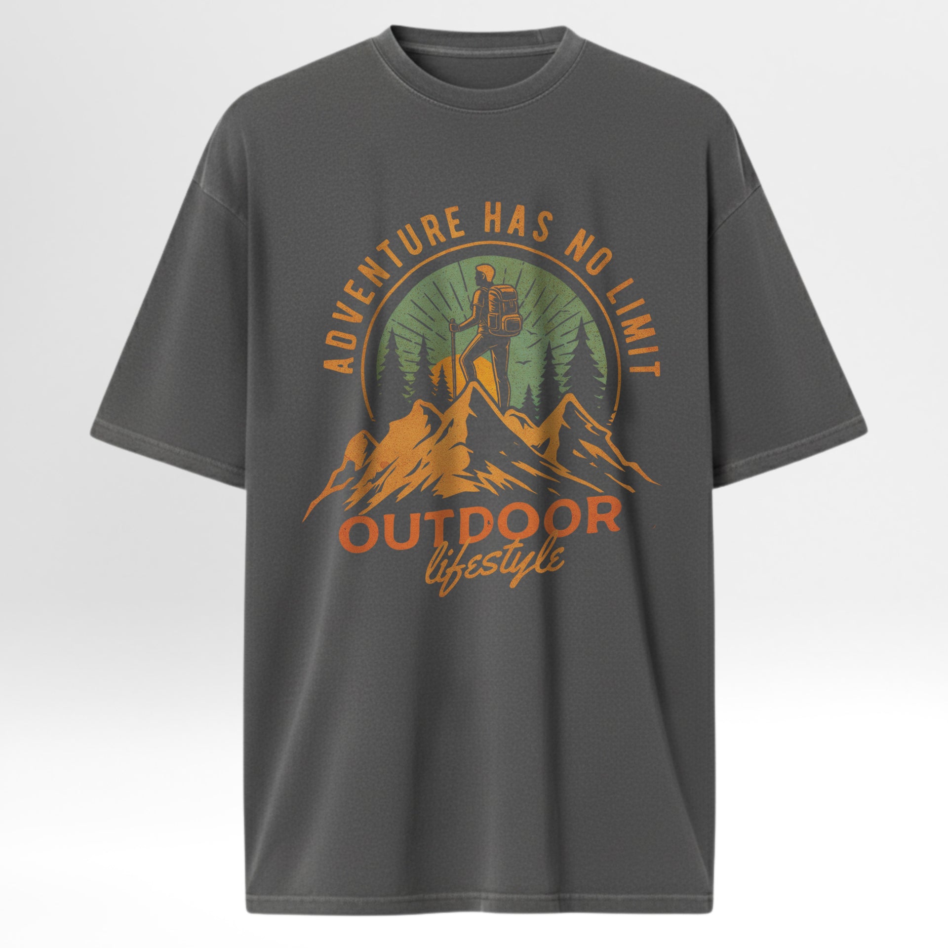 Gray outdoor t-shirt with outdoor-themed graphic and text 'Adventure Has No Limit'.