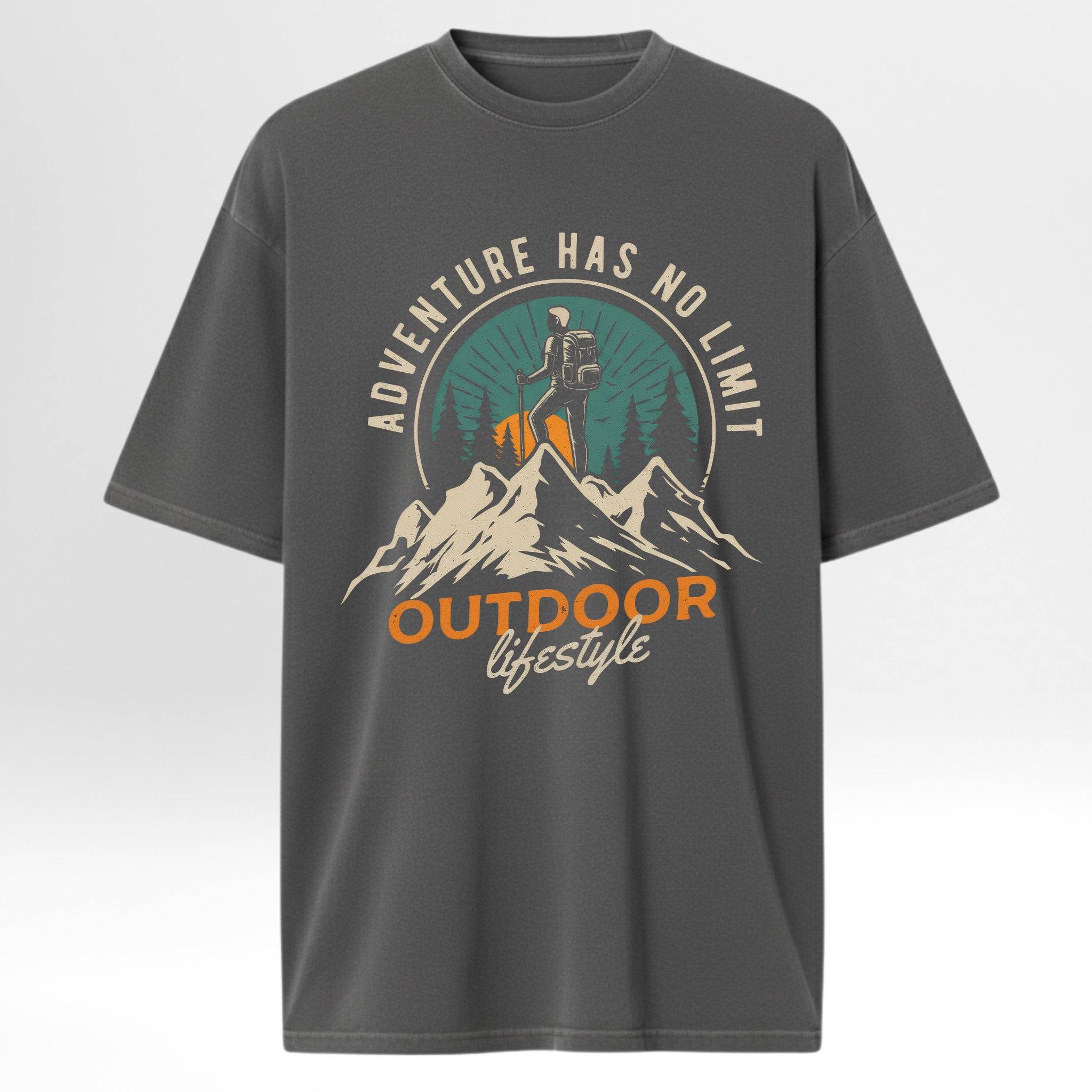 Gray trail graphic t-shirt with outdoor-themed graphic and text on a light gray background
