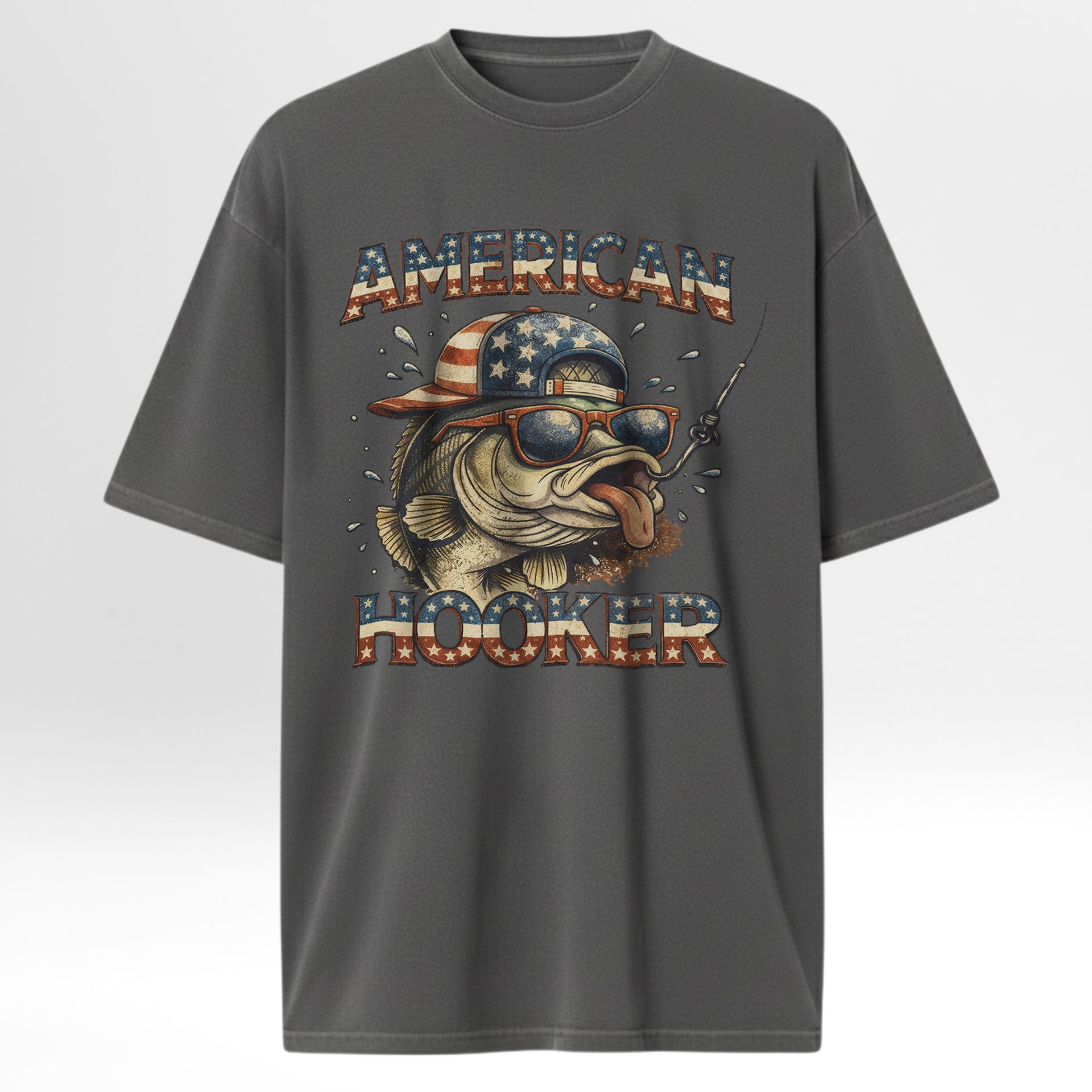 Gray fishing t-shirt with a fish graphic and 'American Hooker' text on a light gray background