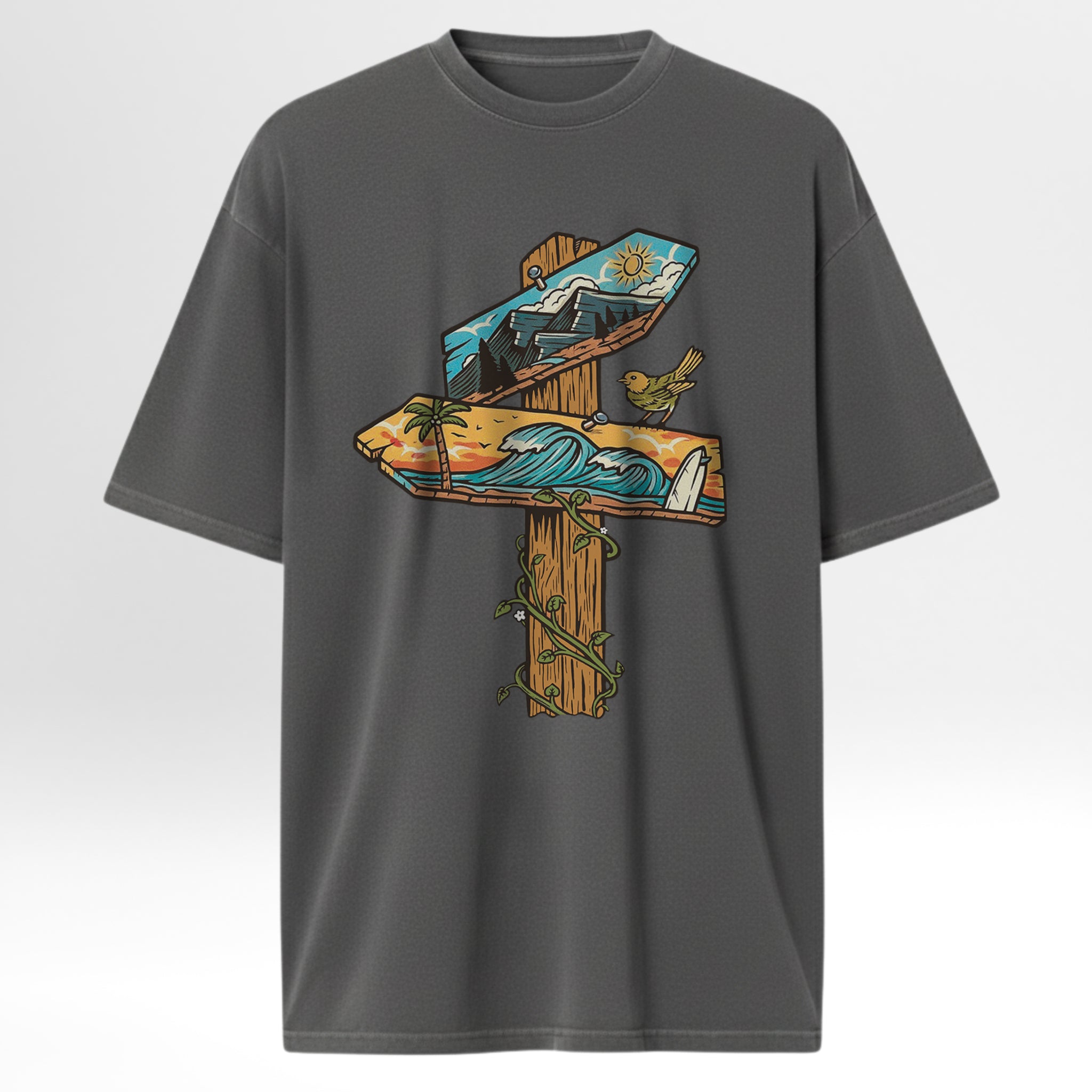 Gray t-shirt with a wooden sign design featuring nature elements on a white background