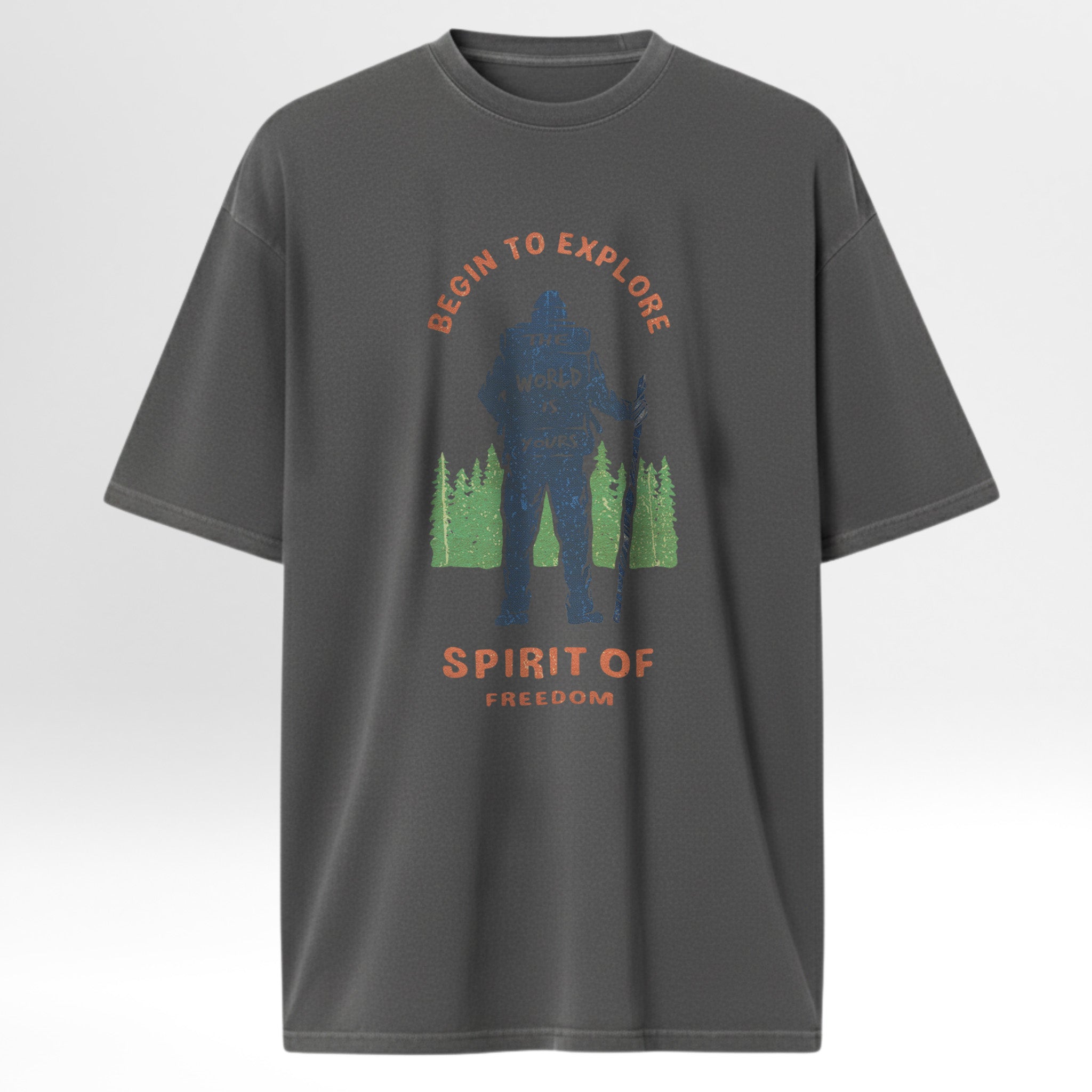 Gray t-shirt with graphic design featuring a silhouette and text 'Begin To Explore The World Is Yours Spirit Of Freedom'