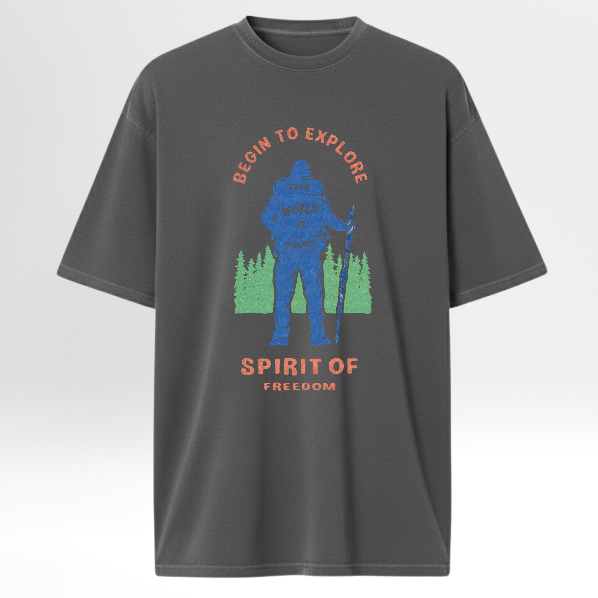 Gray t-shirt with a graphic of a person hiking and text 'Begin to Explore the World is Yours Spirit of Freedom' 