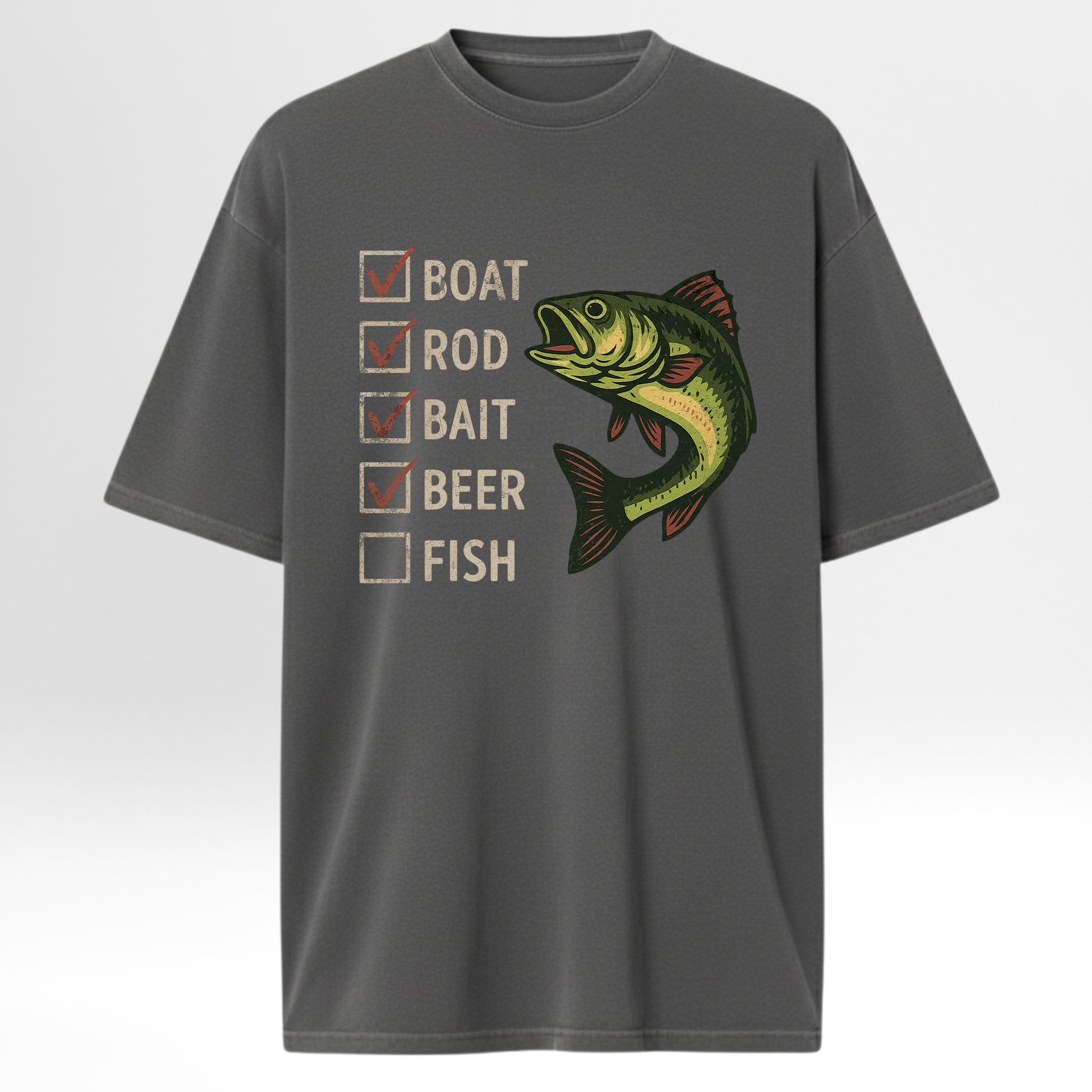 Gray fishing graphic t-shirt with a fish graphic and text on a white background