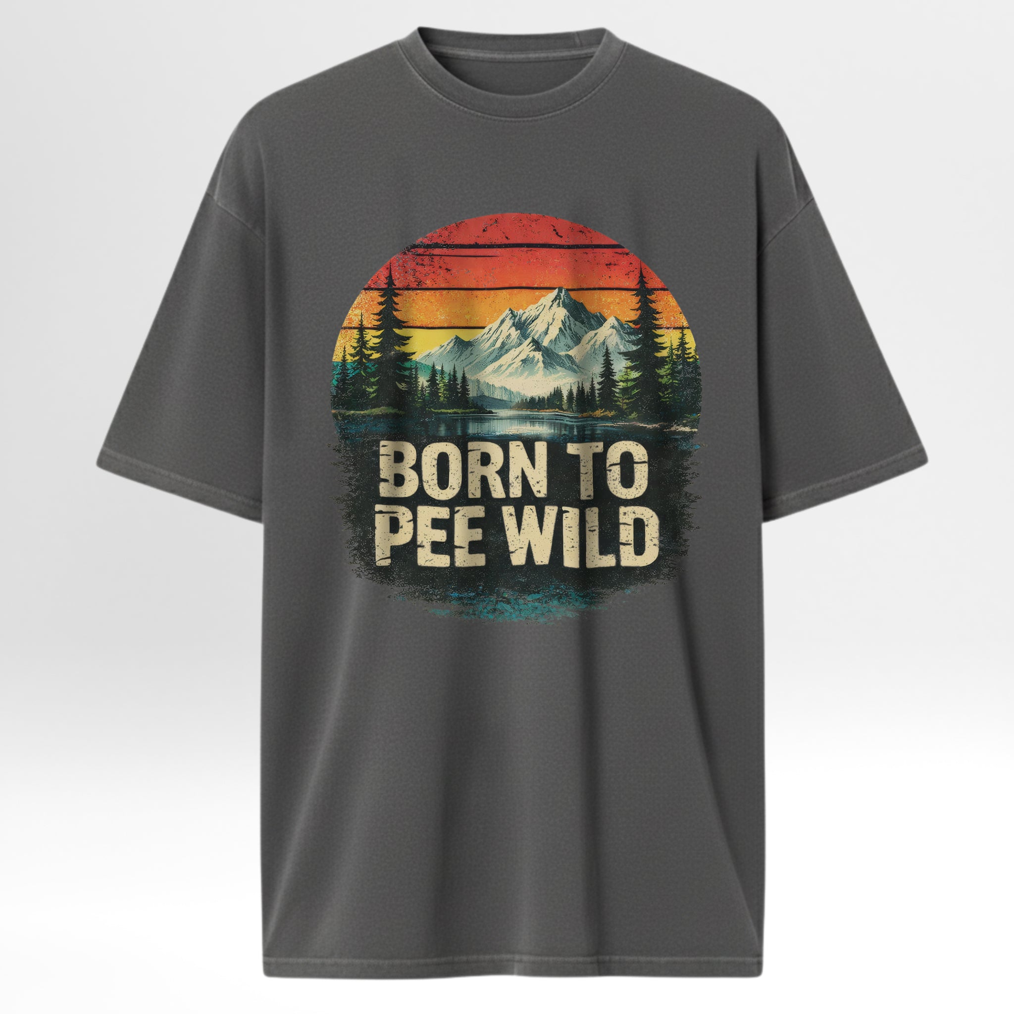 Gray t-shirt with a graphic design of mountains and trees, and the text 'Born to Pee Wild' 