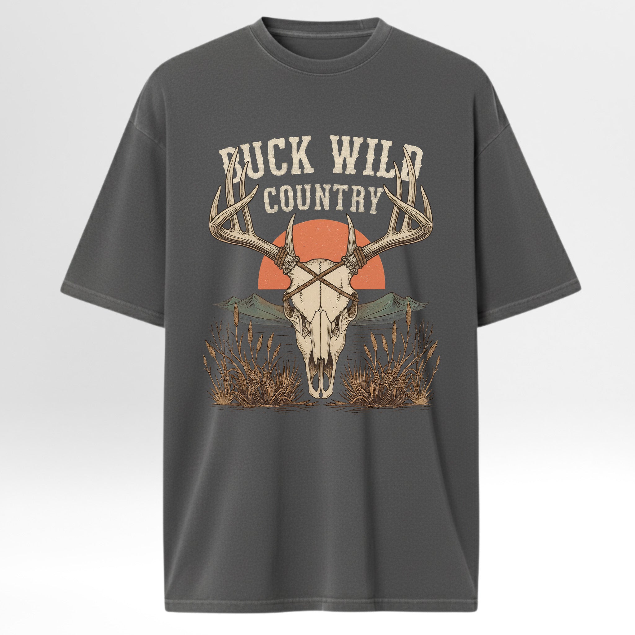 Gray hunting graphic t-shirt with a graphic of a deer skull and 'Buck Wild Country' text on a white background