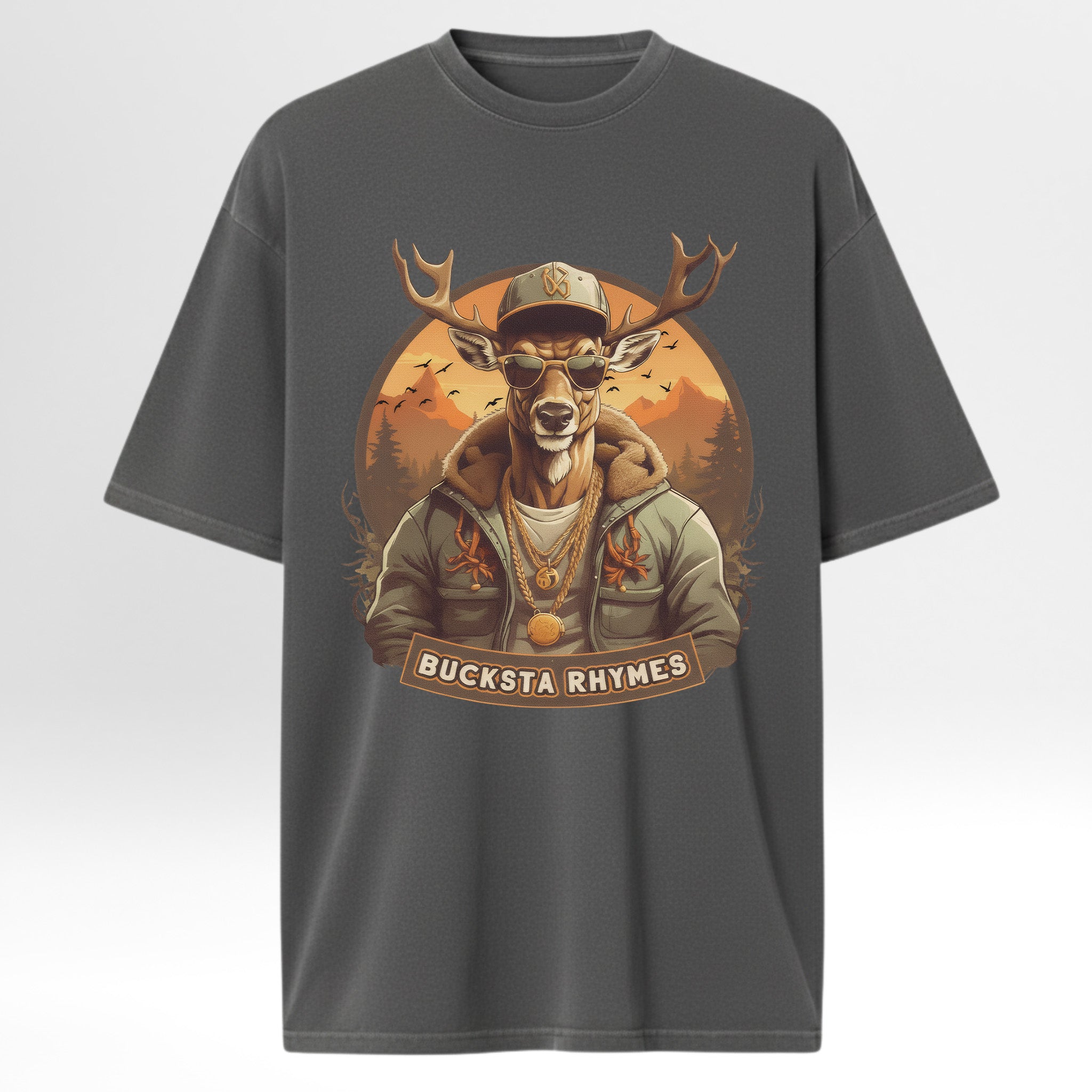 Gray hunting graphic t-shirt with a graphic of a deer wearing sunglasses and a cap, with 'Bucksta Rhymes' text.