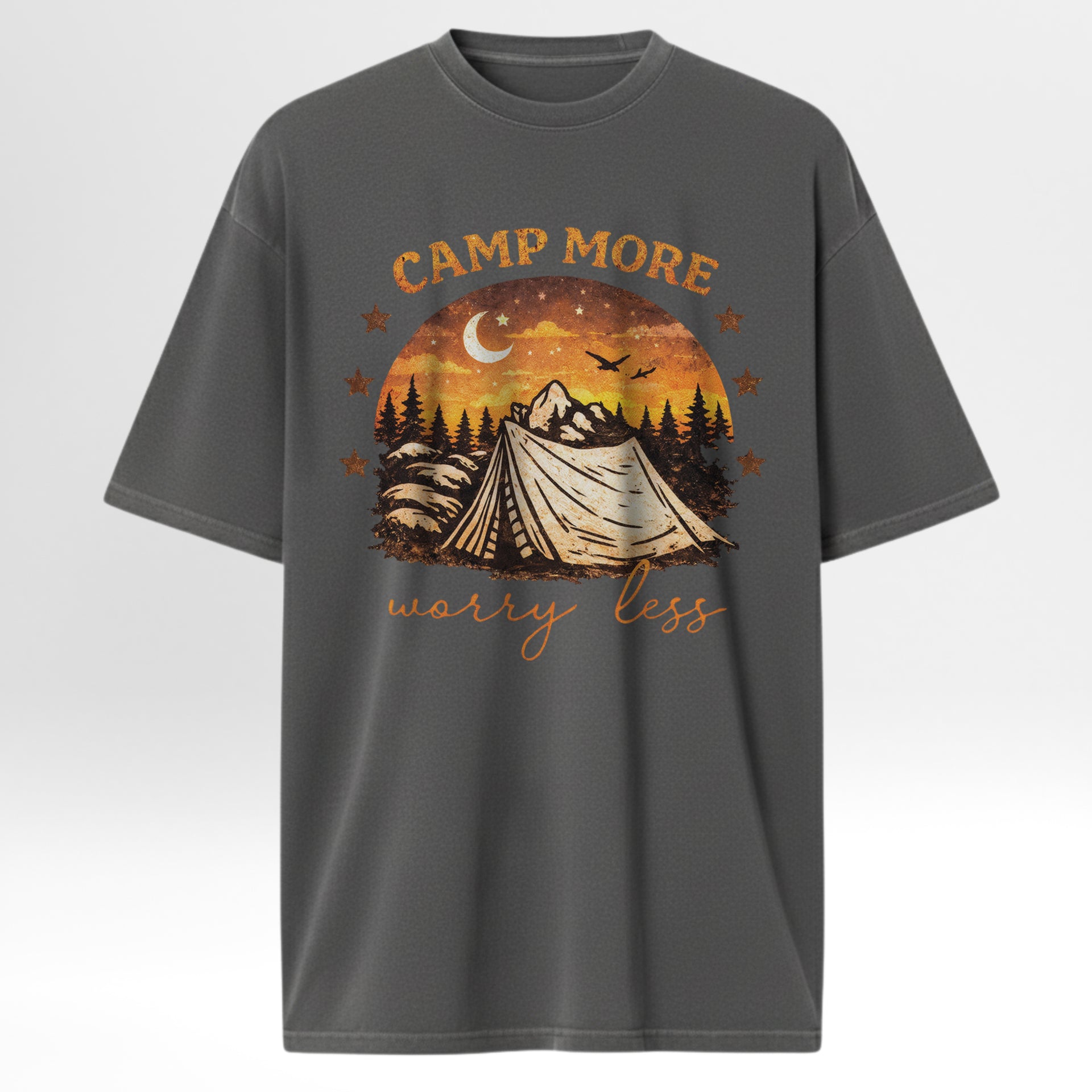 Gray camping t-shirt with a camping graphic and text on a white background